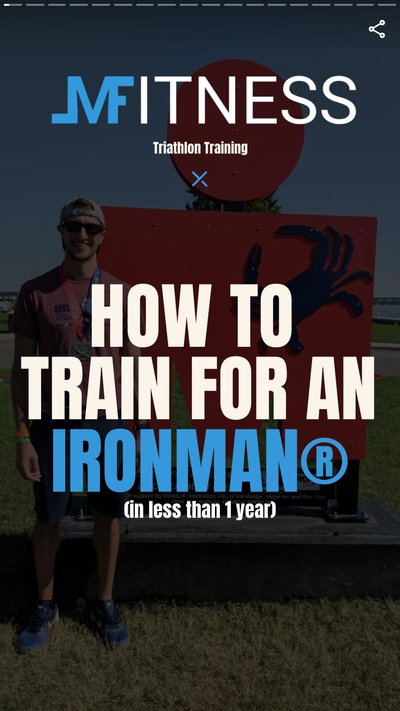 A person at a beach with text "How to train for an Ironman in less than 1 year"