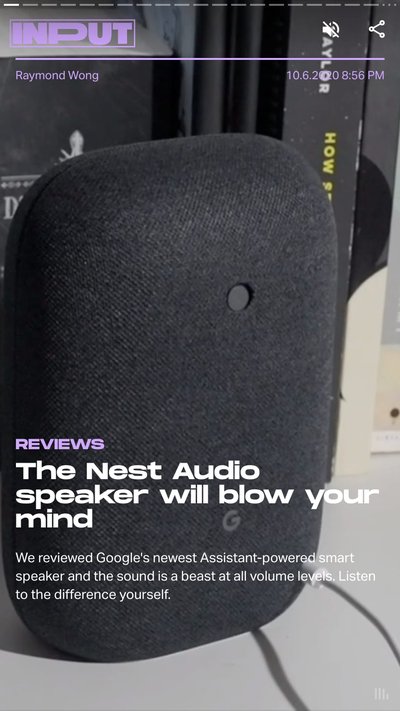 Black speaker with text "The Nest audio speaker will blow your mind"