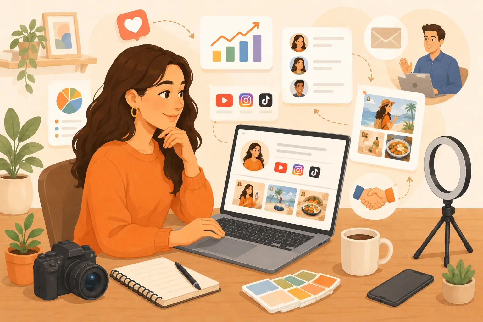 Creator reviewing a professional media kit on a laptop with audience stats, engagement cards, and brand collaboration visuals