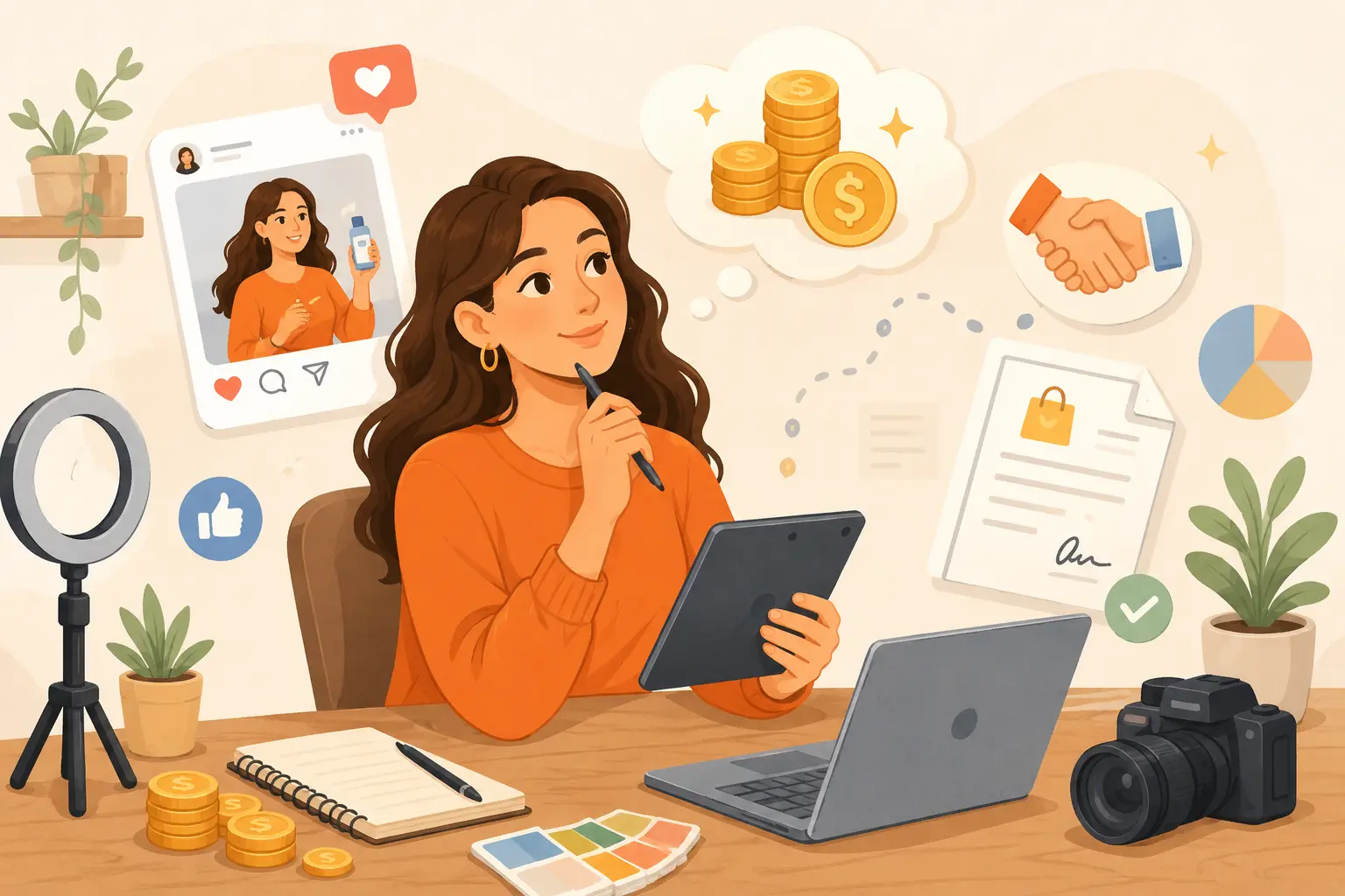 Creator thinking about sponsored post pricing with coins, engagement icons, a brand deal document, and a calculator-style tablet