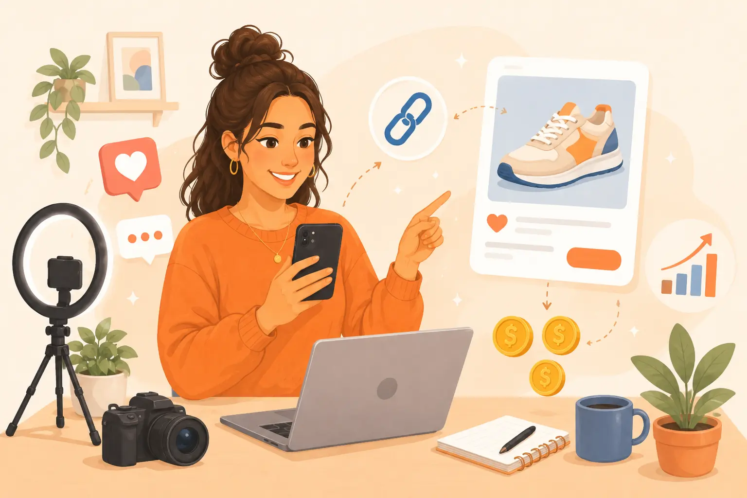 Creator selling digital products through social media with a laptop, product cards, social engagement icons, and online income visuals