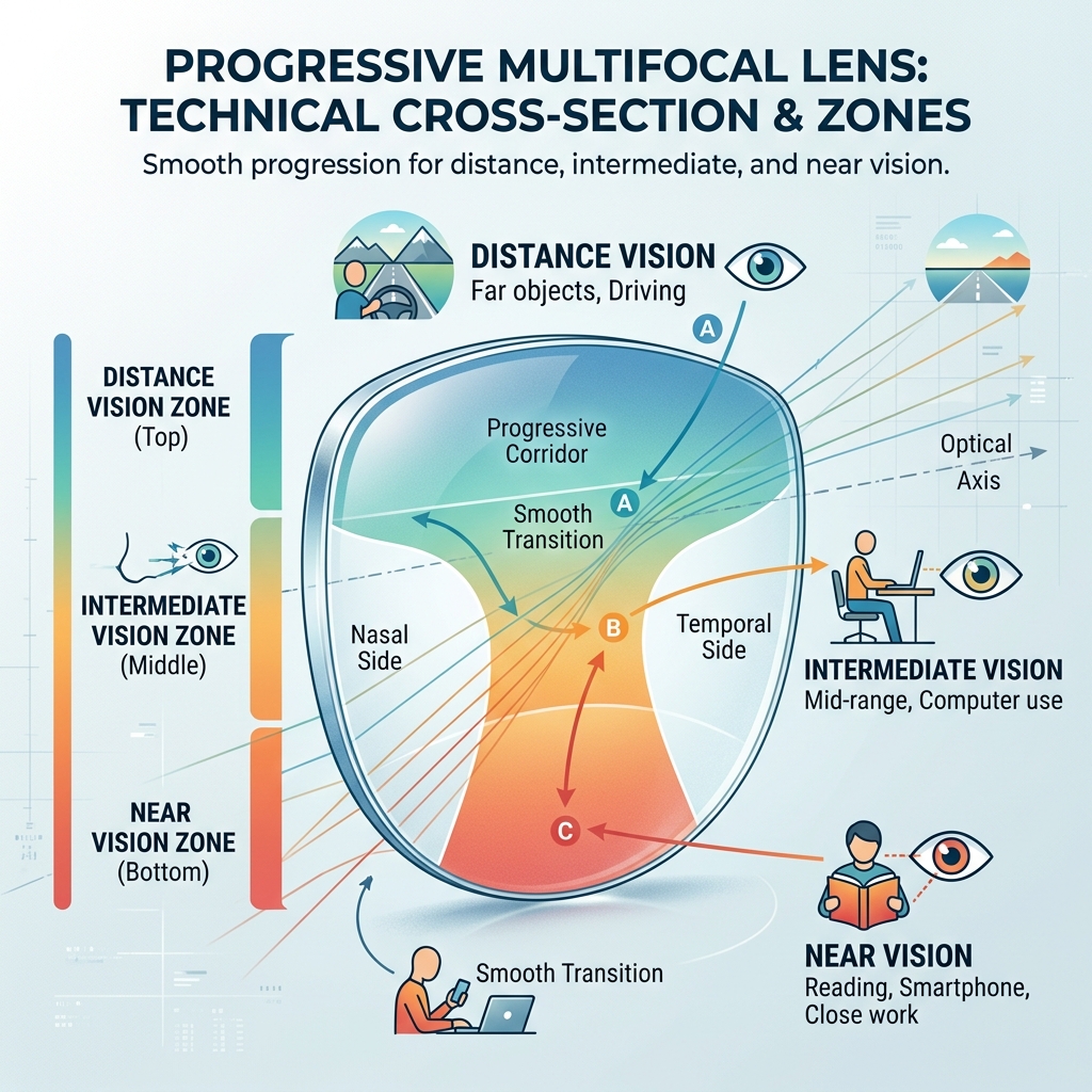 Diagrama tecnico de lente progresivo multifocal
