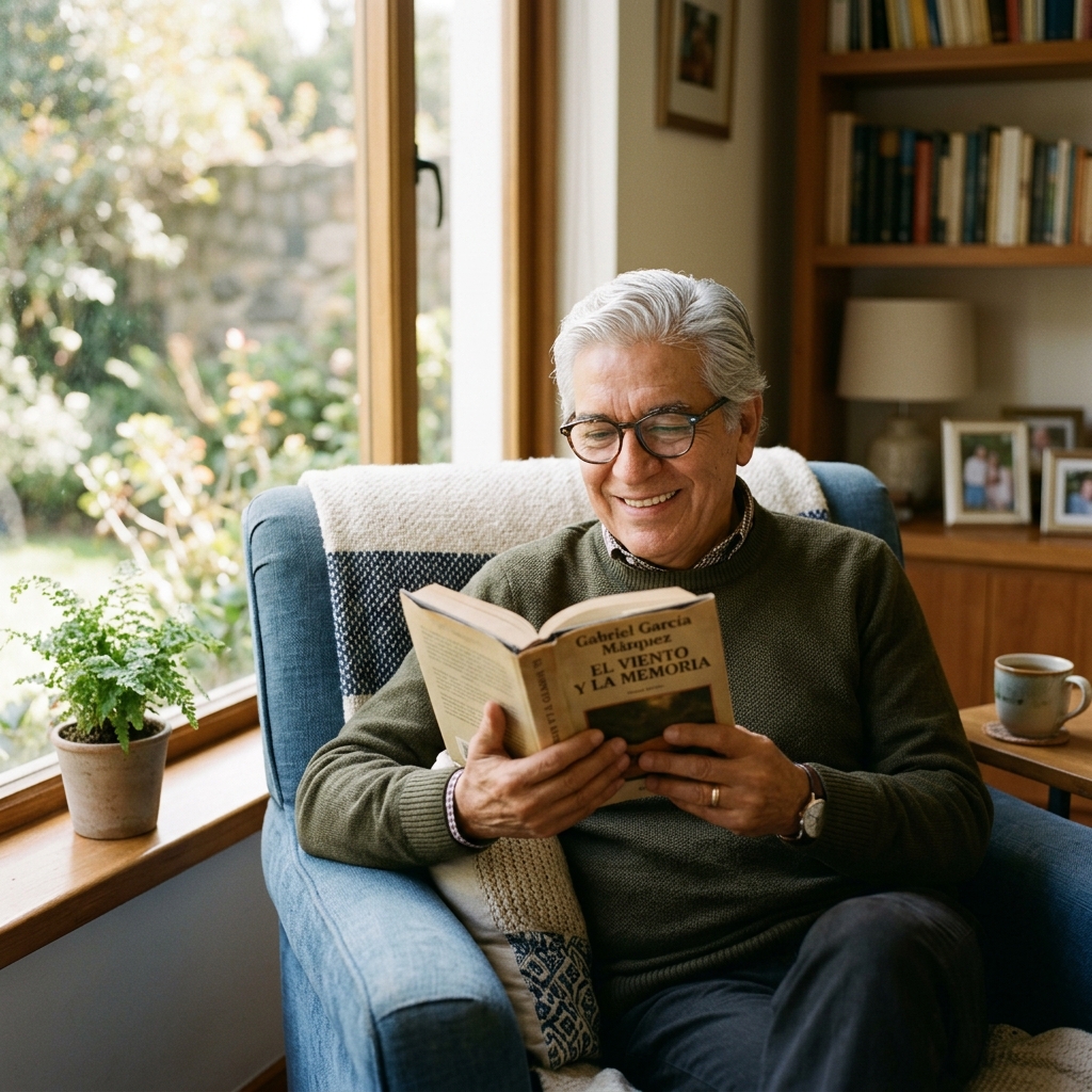 Adulto mayor leyendo comodamente con lentes progresivos