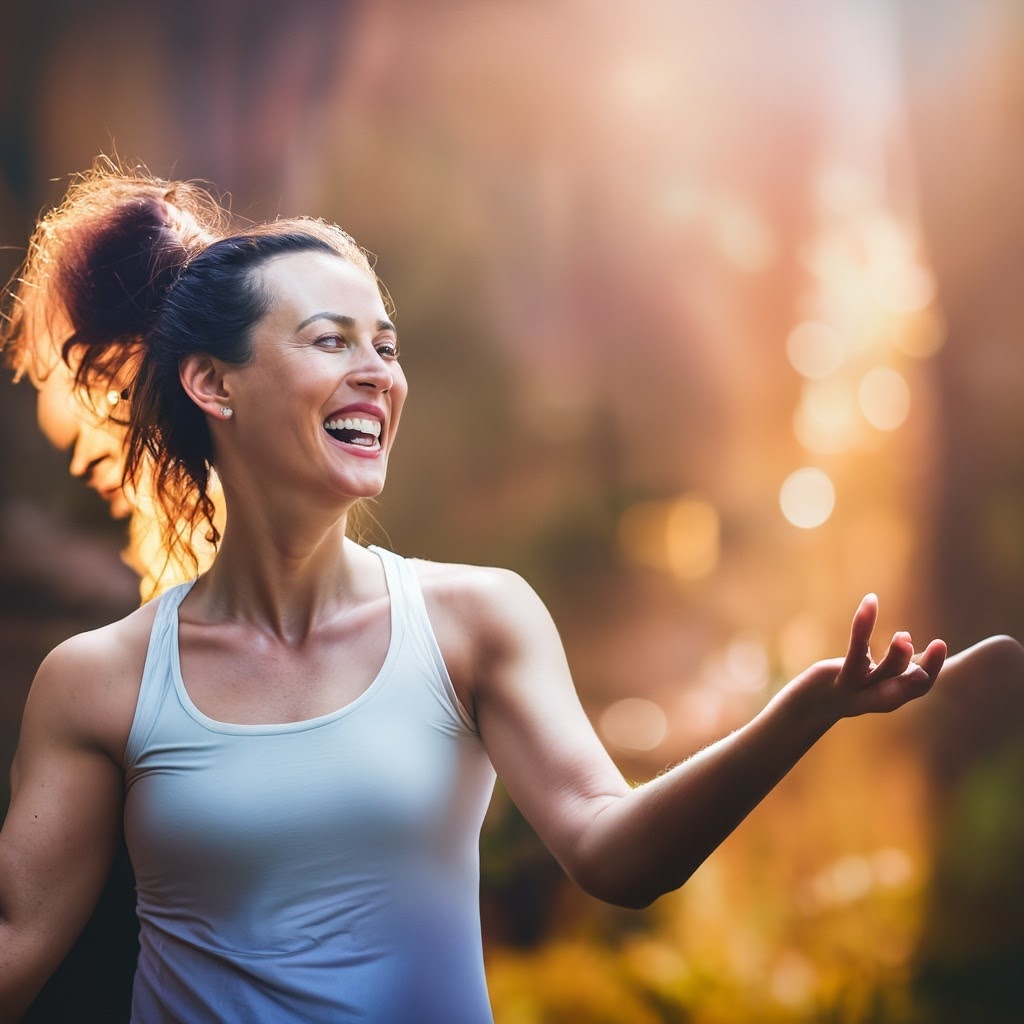 a happy and healthy person in a blurred natural environment