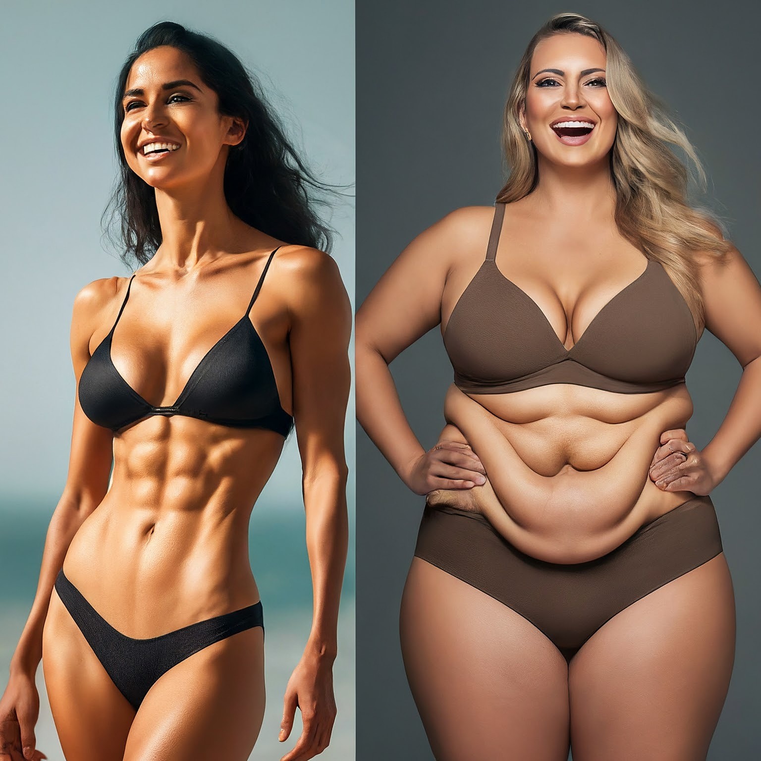 A side-by-side comparison of a happy woman and a chart illustrating subcutaneous vs. visceral fat, featuring colored images of a healthy flat fit belly on one side and on the other side a flabby beer belly with visceral fat, accompanied by concise bullet points detailing health implications of each type. A side-by-side comparison of a happy woman and a chart illustrating subcutaneous vs. visceral fat, featuring colored images of a healthy flat fit belly on one side and on the other side a flabby beer belly with visceral fat, accompanied by concise bullet points detailing health implications of each type.