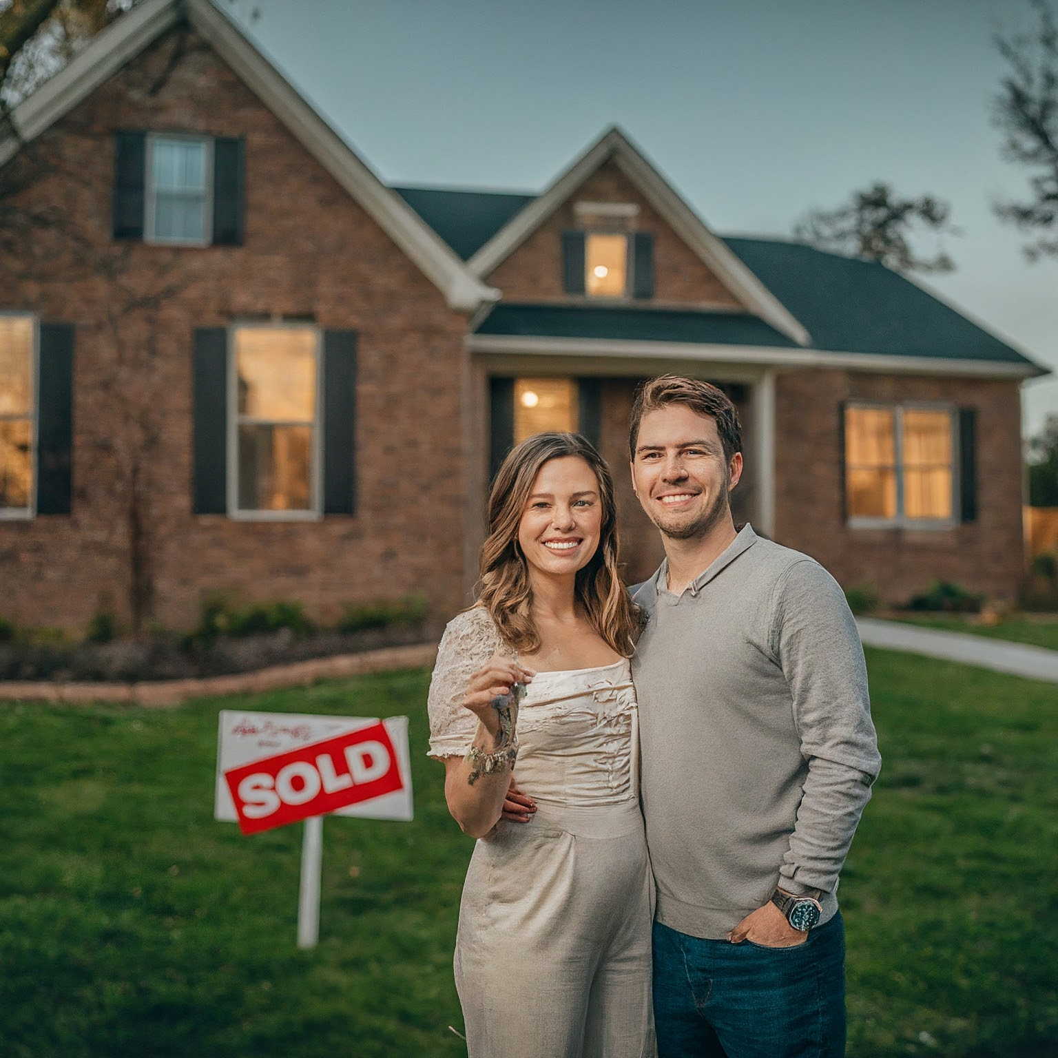 A young couple in their mid-20s smiling and holding the keys to their new home, standing in front of a charming suburban house with a "Sold" sign. A young couple in their mid-20s smiling and holding the keys to their new home, standing in front of a charming suburban house with a "Sold" sign.