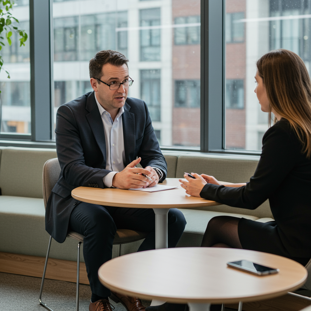 A business coach who is with a client missing a call A business coach who is with a client missing a call