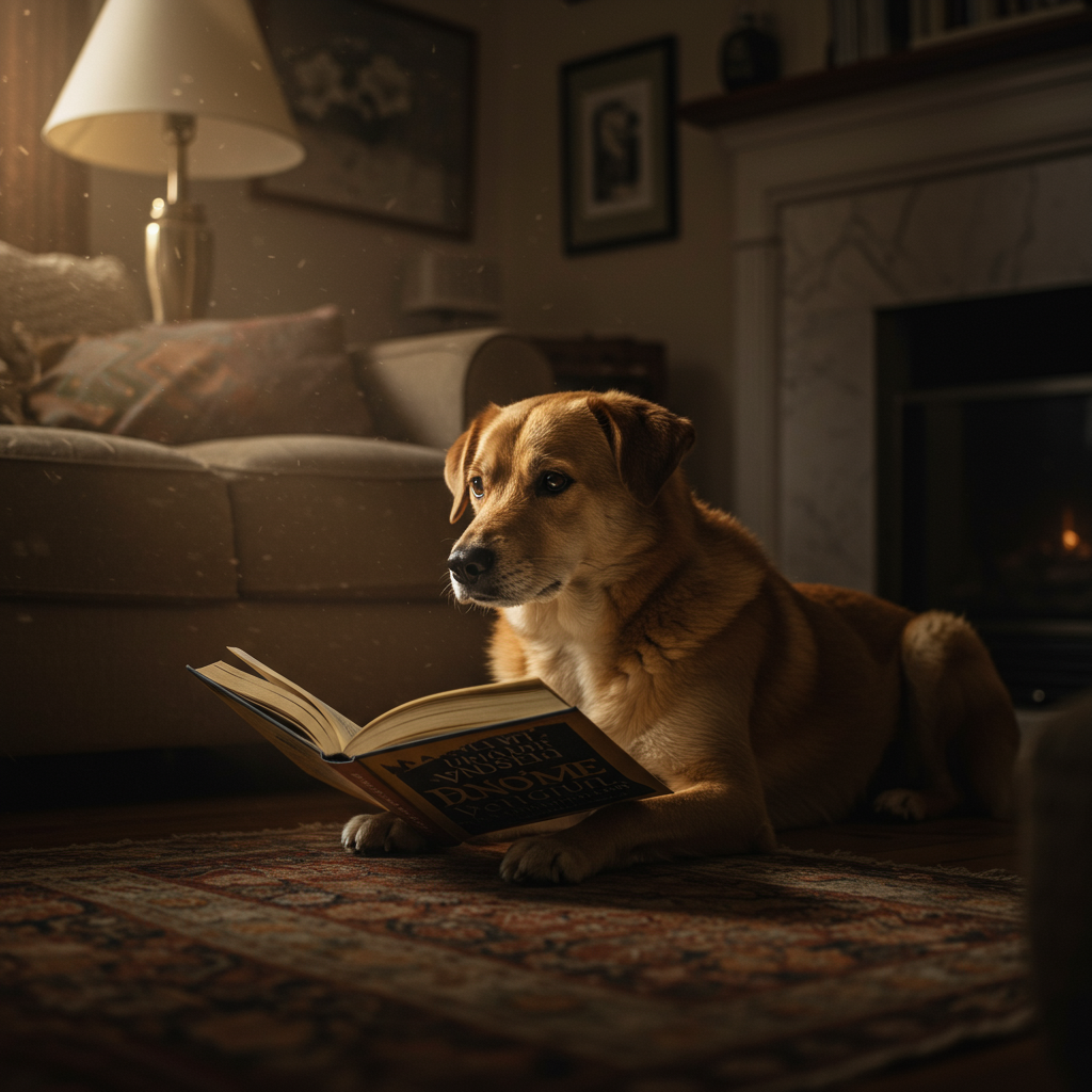 dog reading a book with glasses on