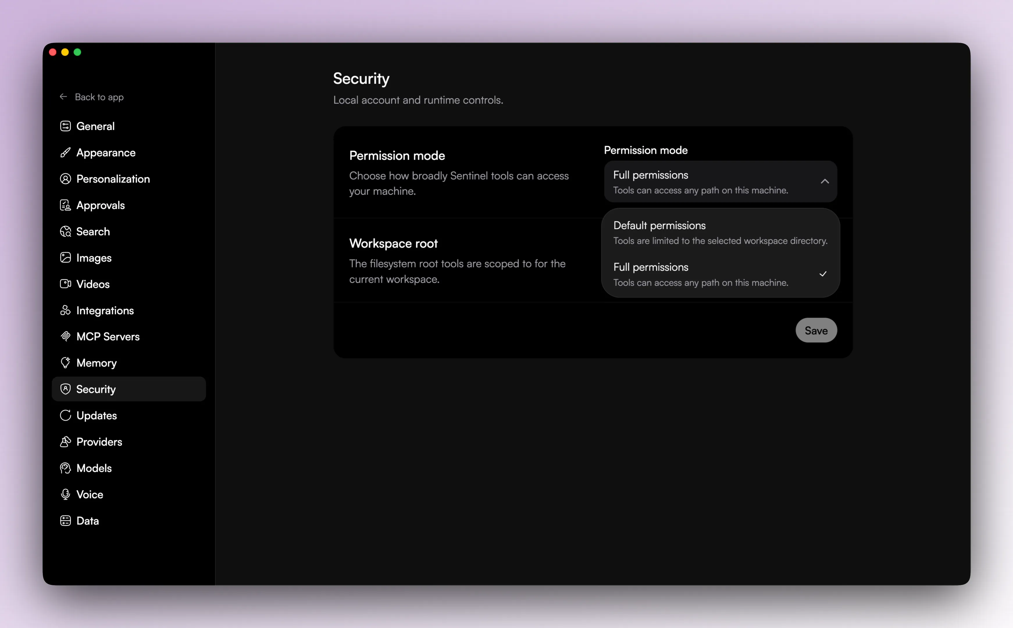 Permissions settings