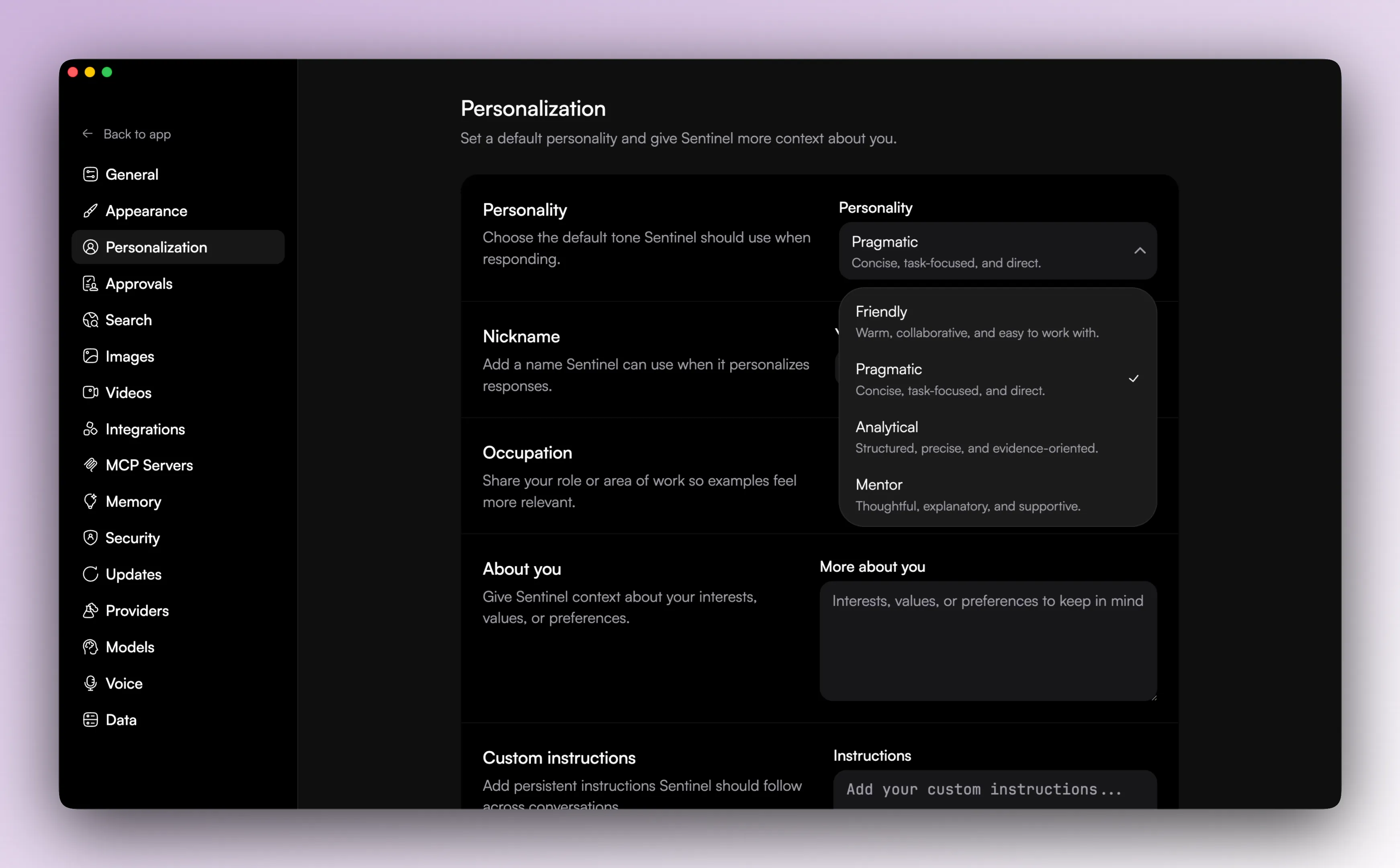 Personalization settings