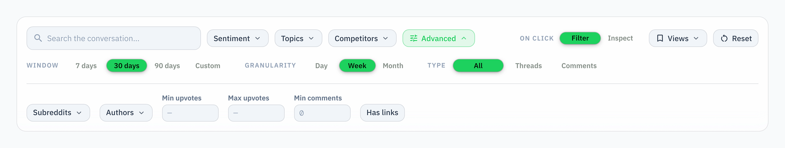 The advanced filter panel expanded, with controls for sentiment, score, authors and more precise slices of the data.
