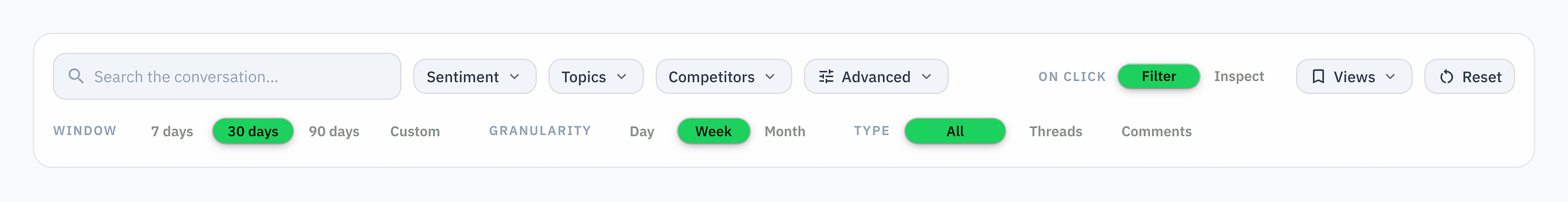 The dashboard filter bar, where you set the date range and narrow the view by keywords, topics, competitors and subreddits.