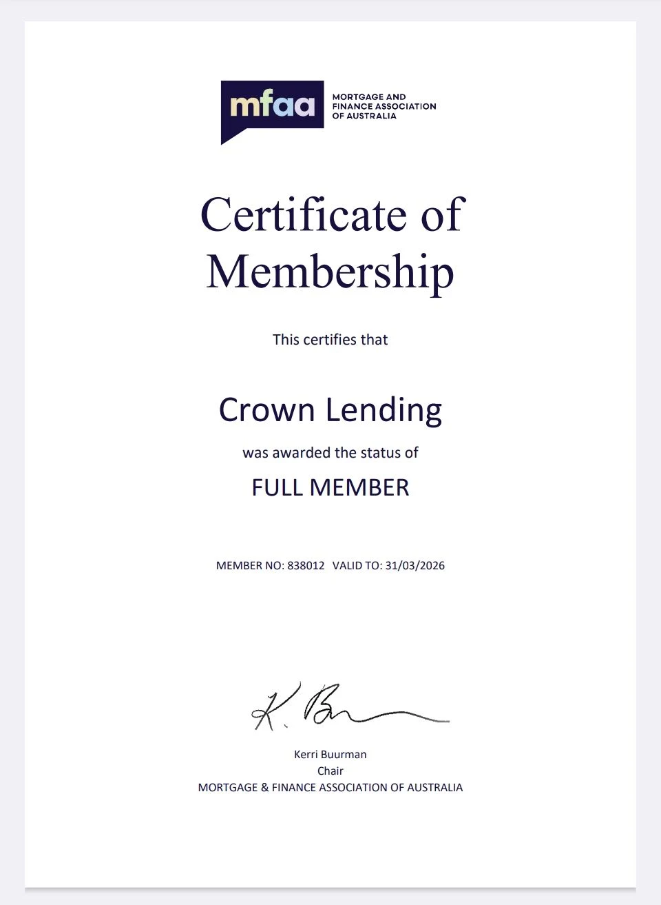 MFAA Full Member certificate
