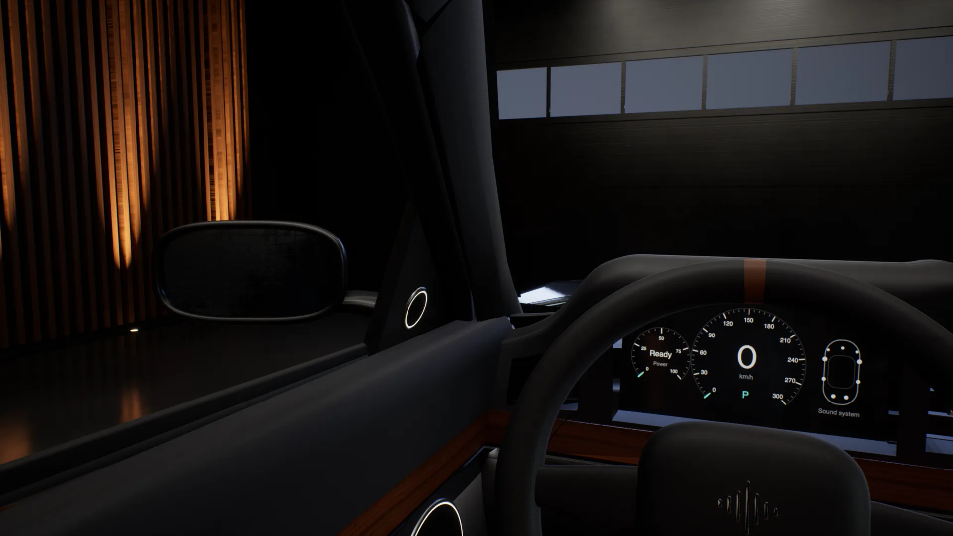 Inside the car in the Garage, looking across the dashboard