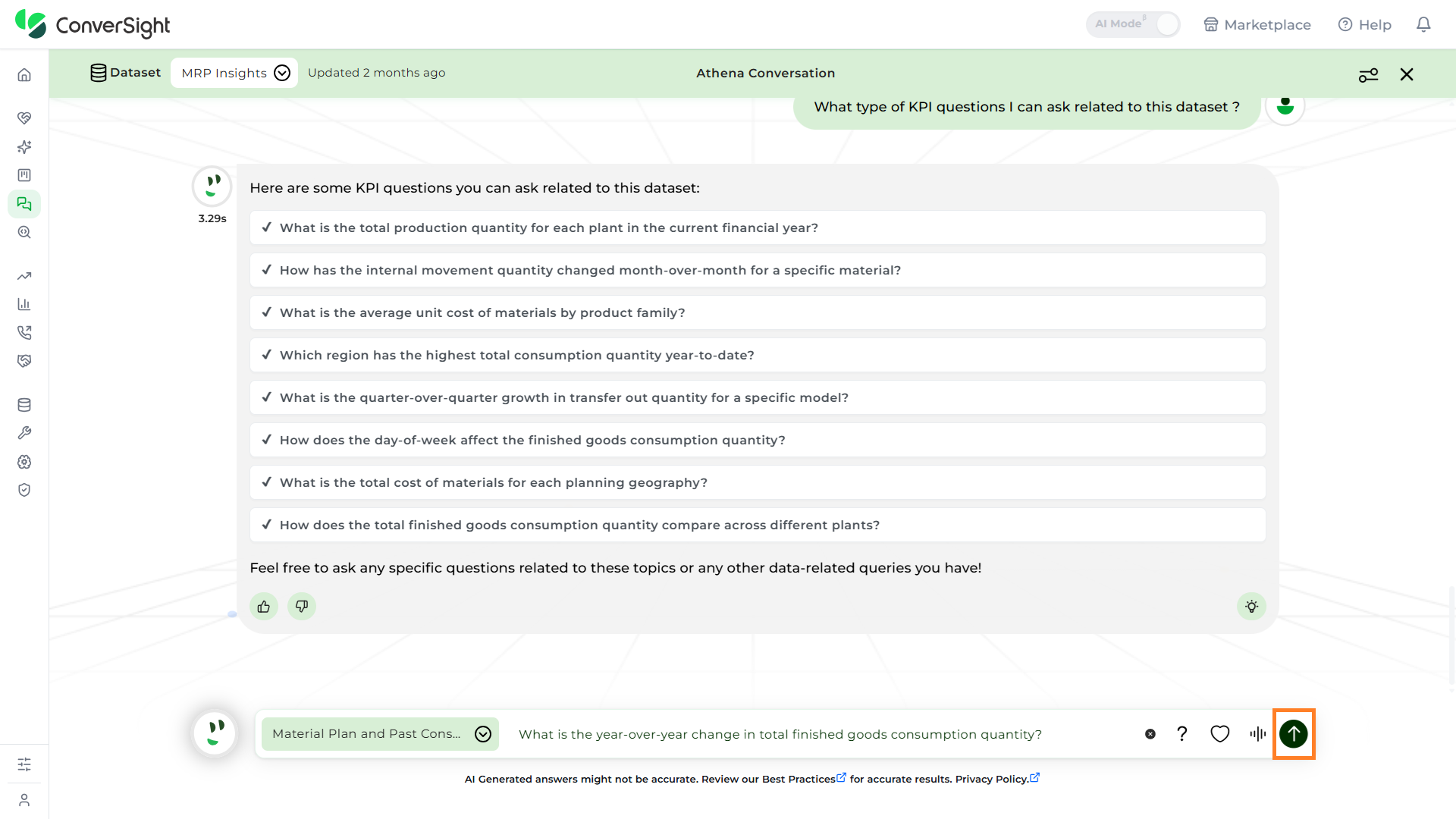 AI Assistant Chat Send shown under the Querying Athena section of the AI Assistant page