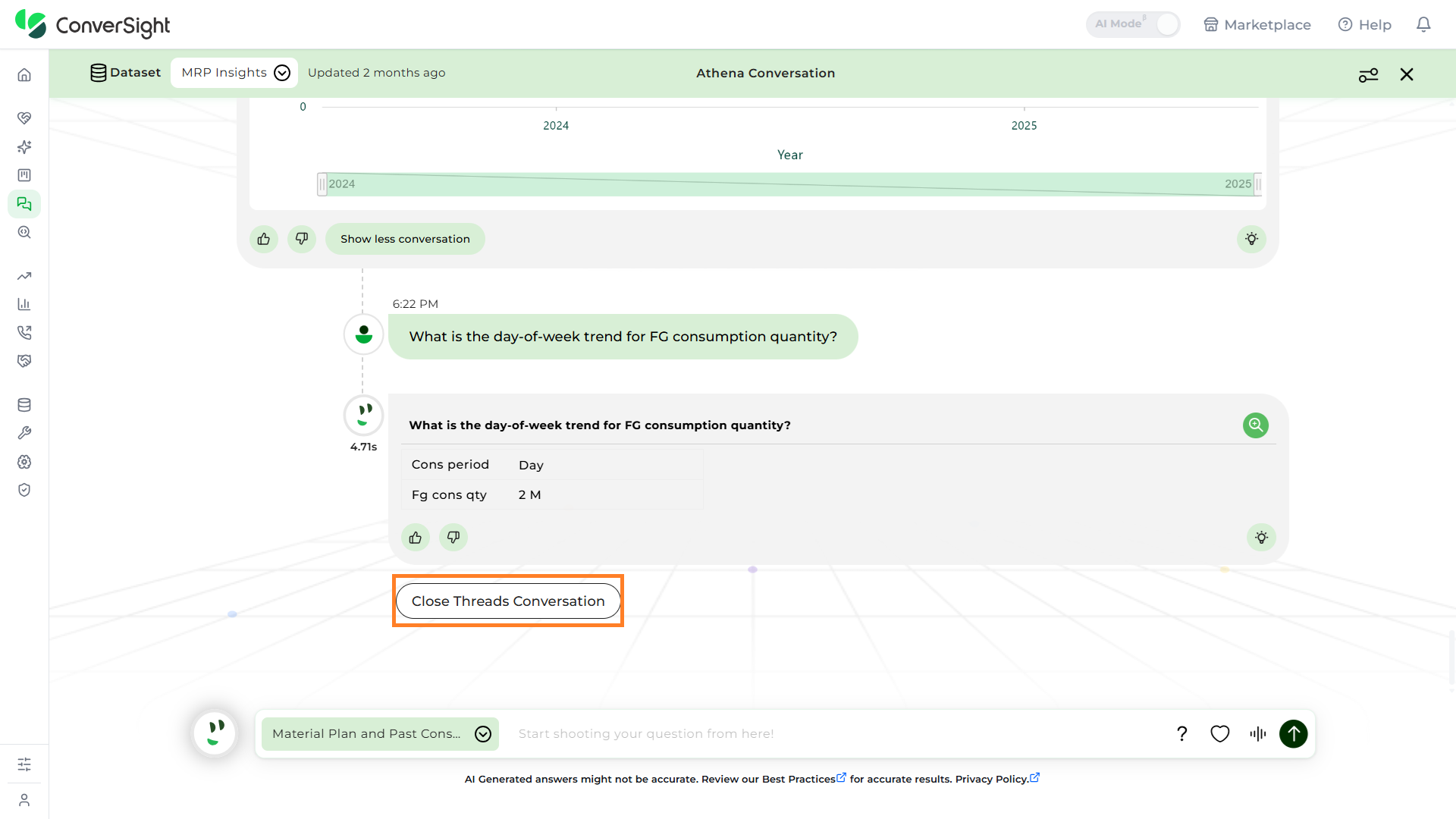 AI Assistant Close Threads Conversation Button shown under the Querying Athena section of the AI Assistant page