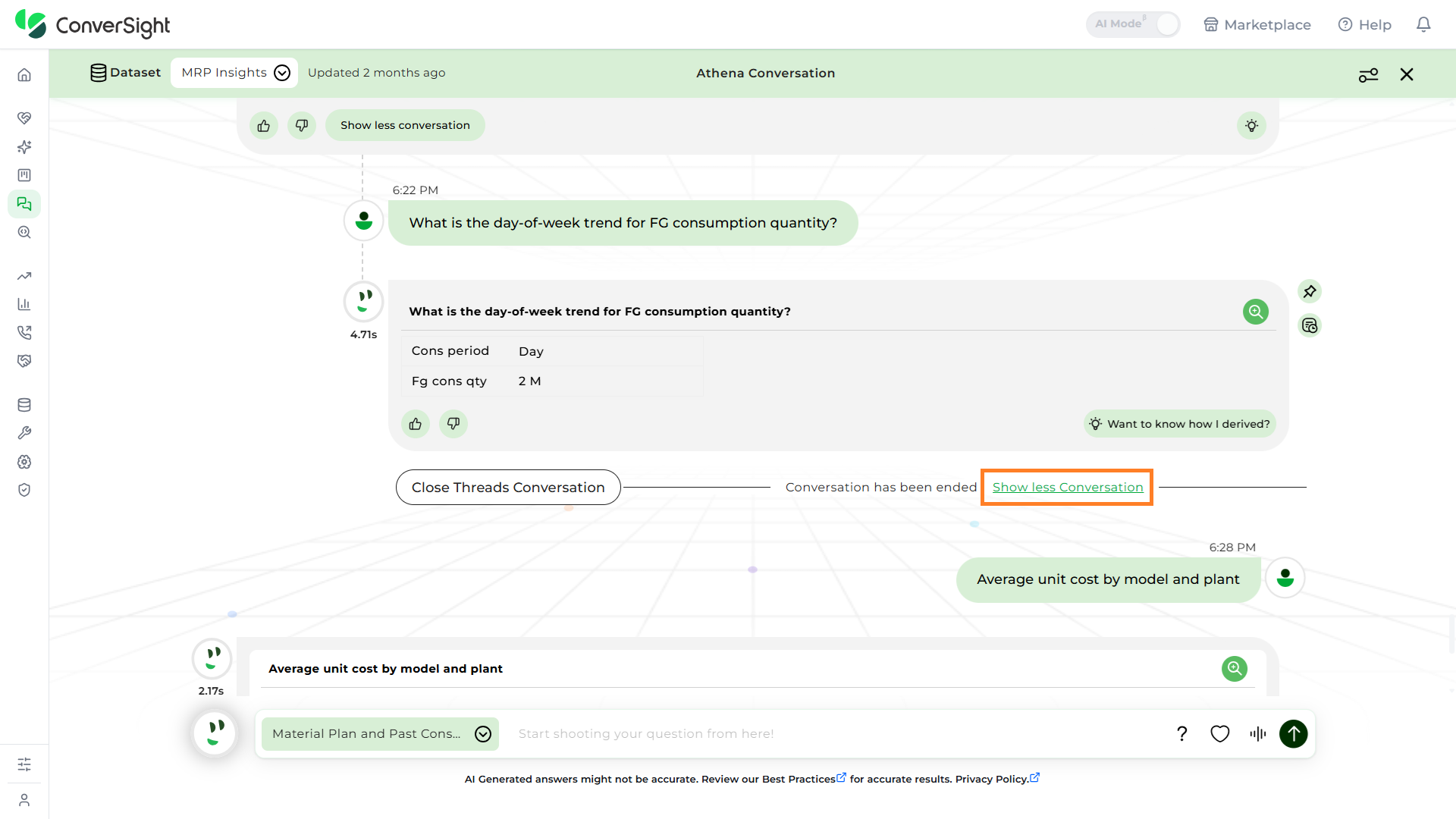AI Assistant Show Less Conversation Button shown under the Querying Athena section of the AI Assistant page