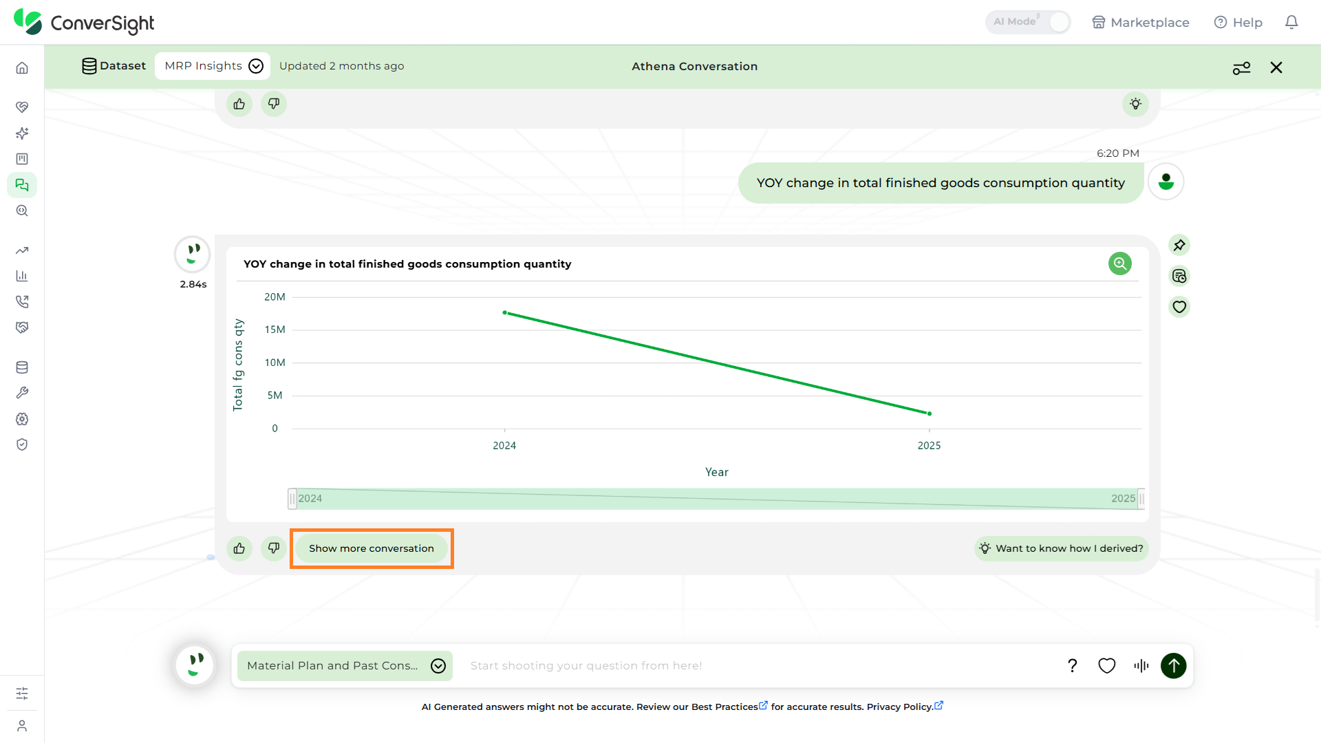 AI Assistant Show More Conversation Button shown under the Querying Athena section of the AI Assistant page