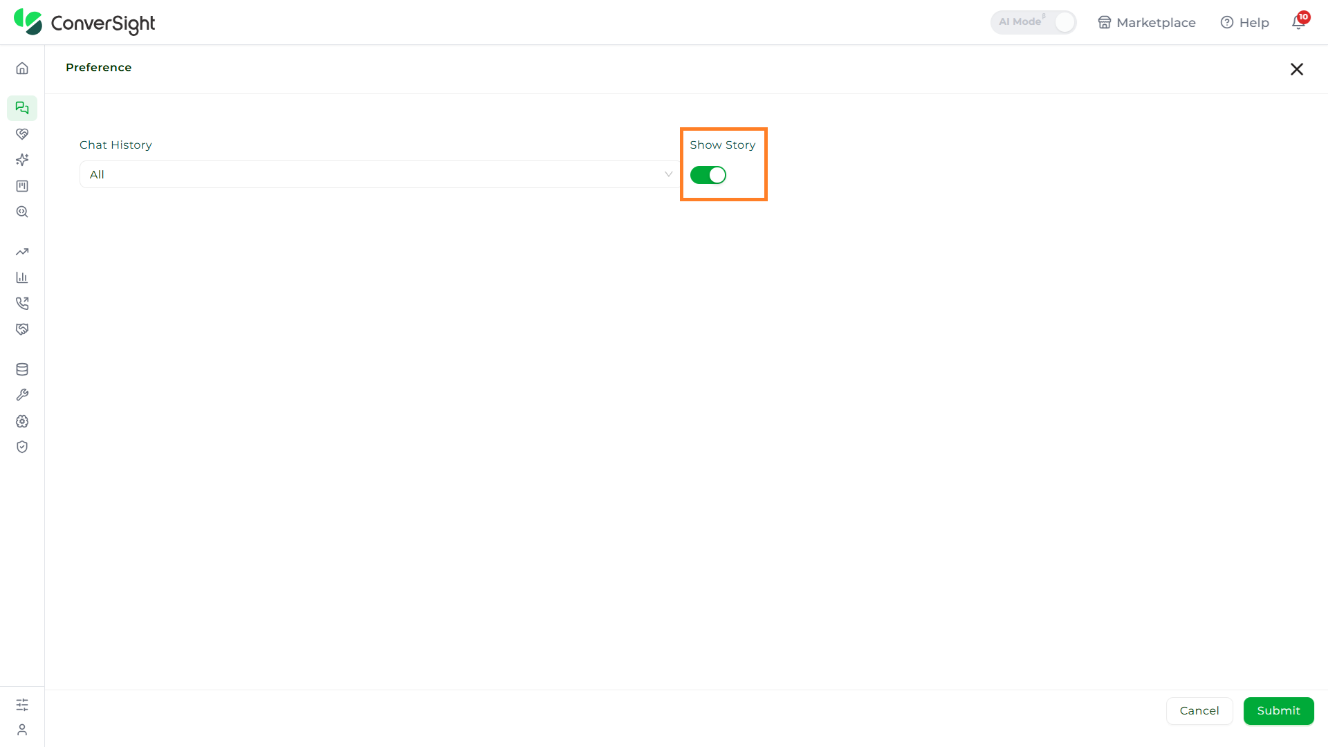 AI Assistant Show Story Option shown under the Show Story section of the AI Assistant page