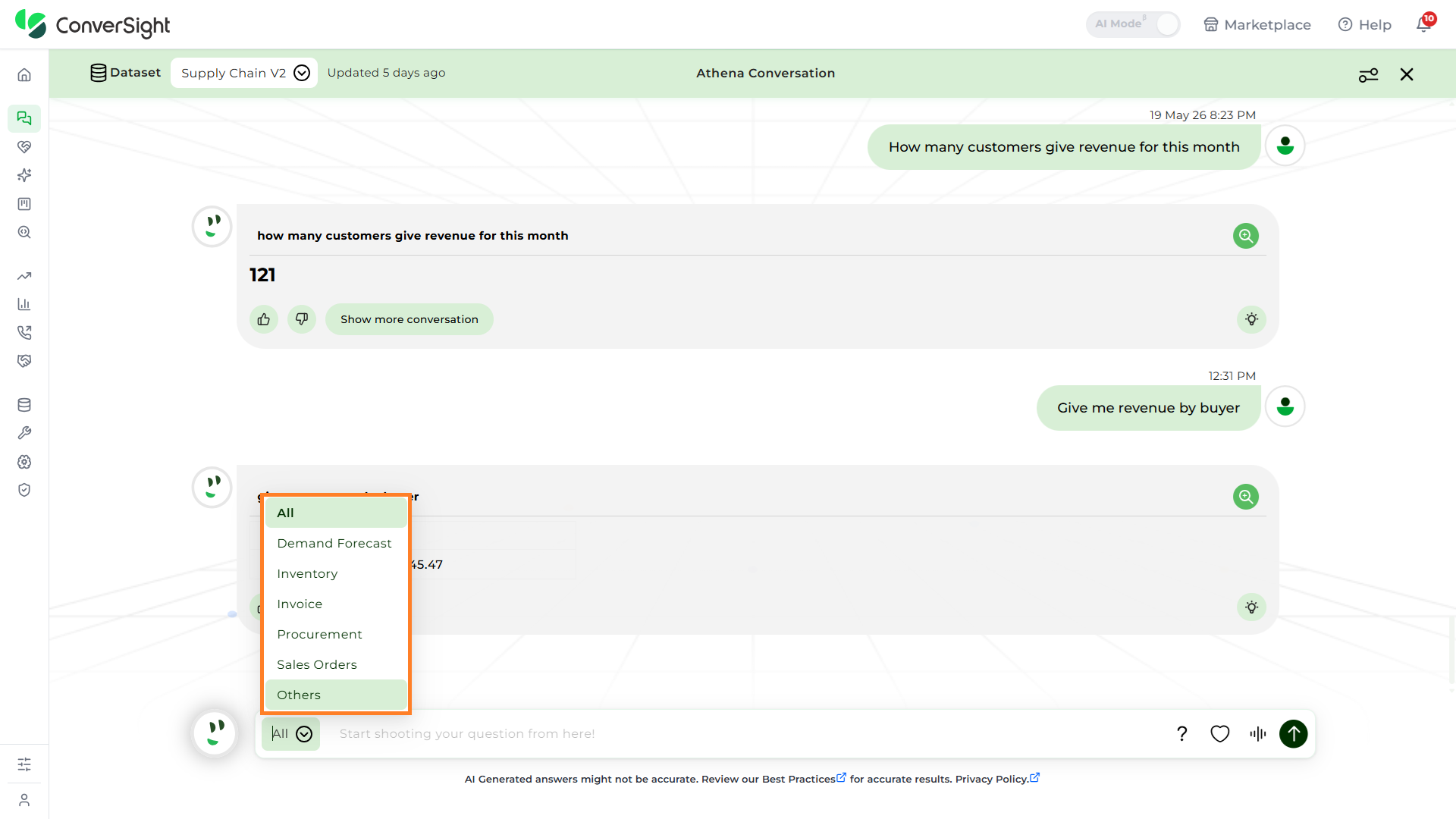AI Assistant Subject Area Selection shown under the Querying Athena section of the AI Assistant page