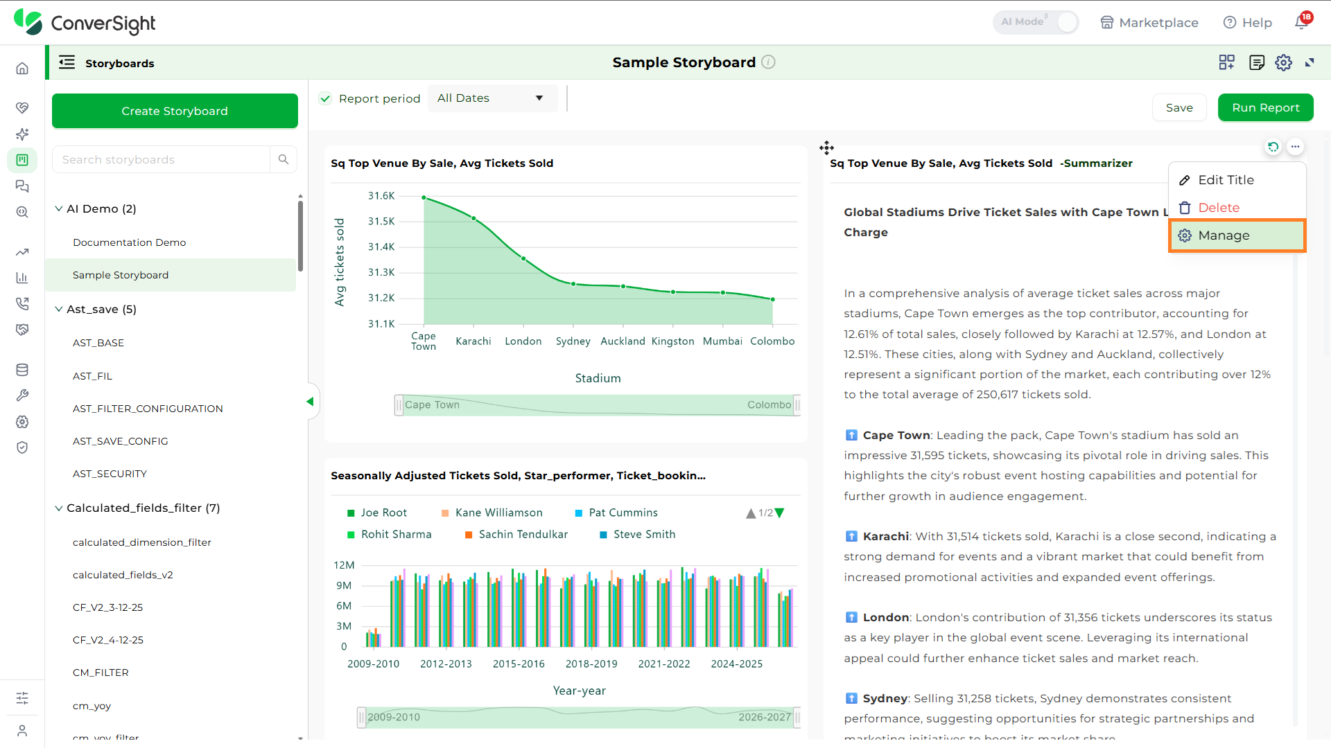 AI Narrative Summarizer Manage shown under the AI Narrative section of the Storyboards page