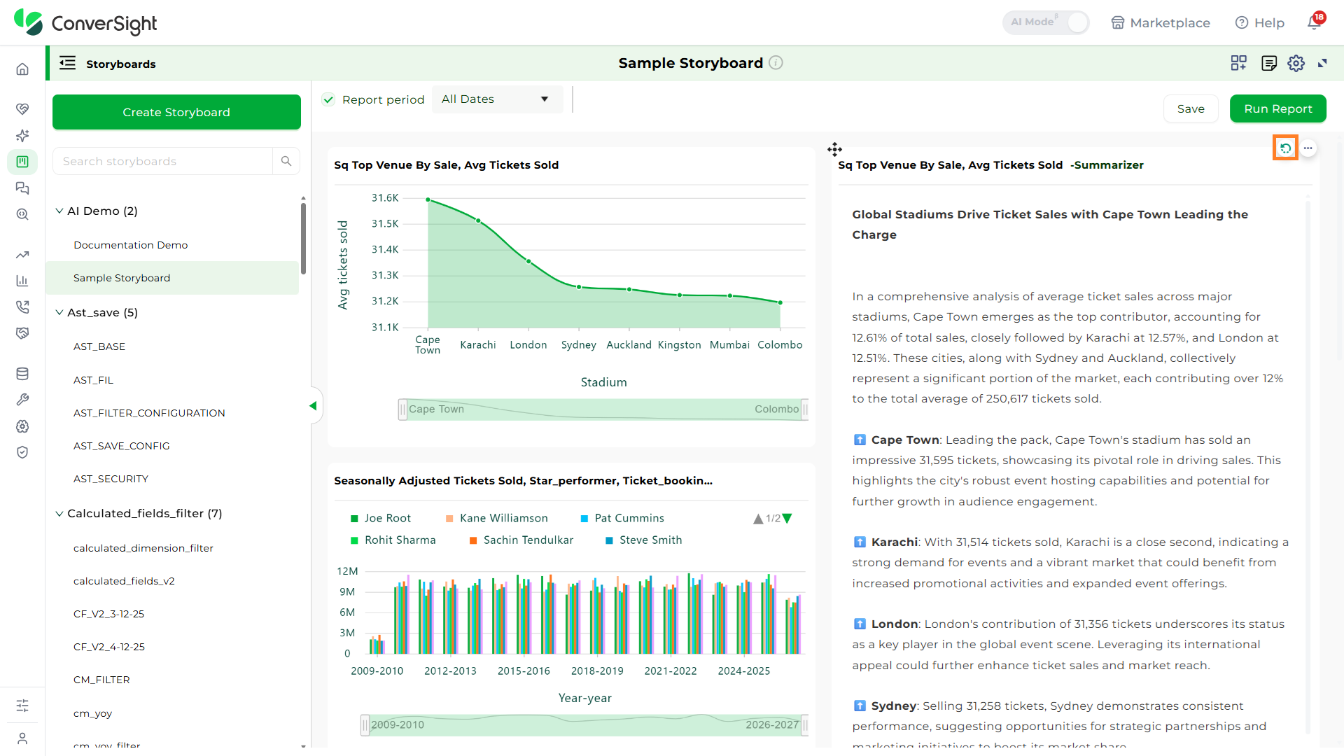 AI Narrative Summarizer Refresh shown under the AI Narrative section of the Storyboards page