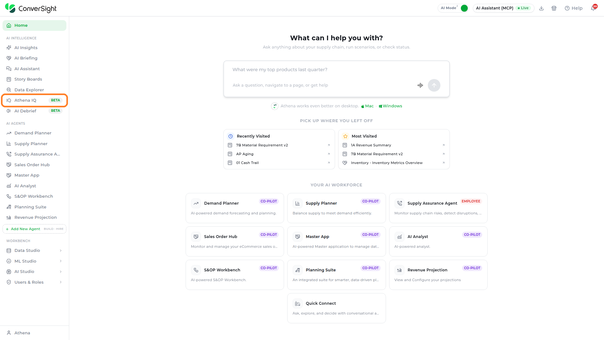 Athena IQ option highlighted under the AI Intelligence section of the left navigation panel
