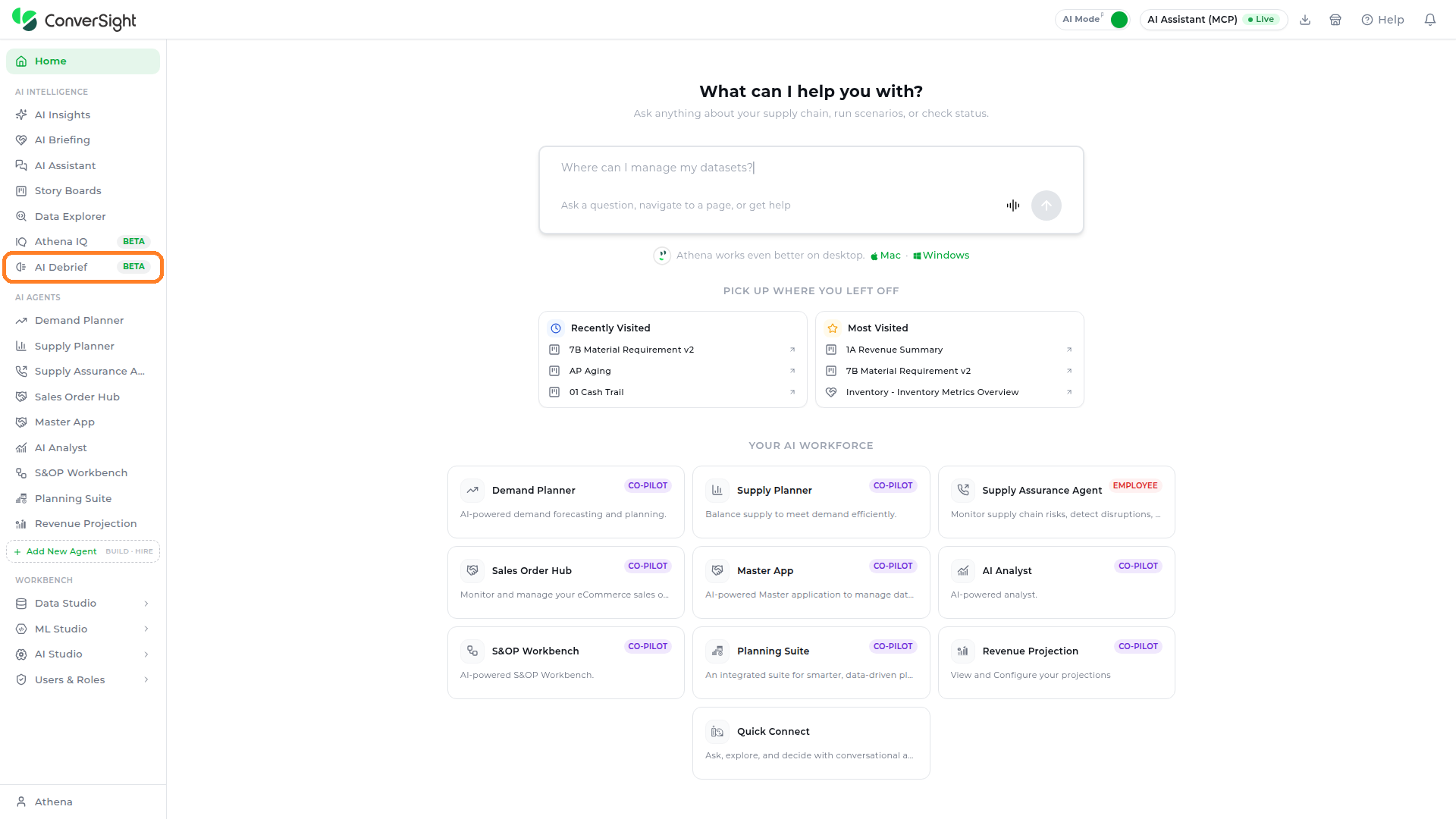 AI Debrief option highlighted under the AI Intelligence section of the left navigation panel on the home page