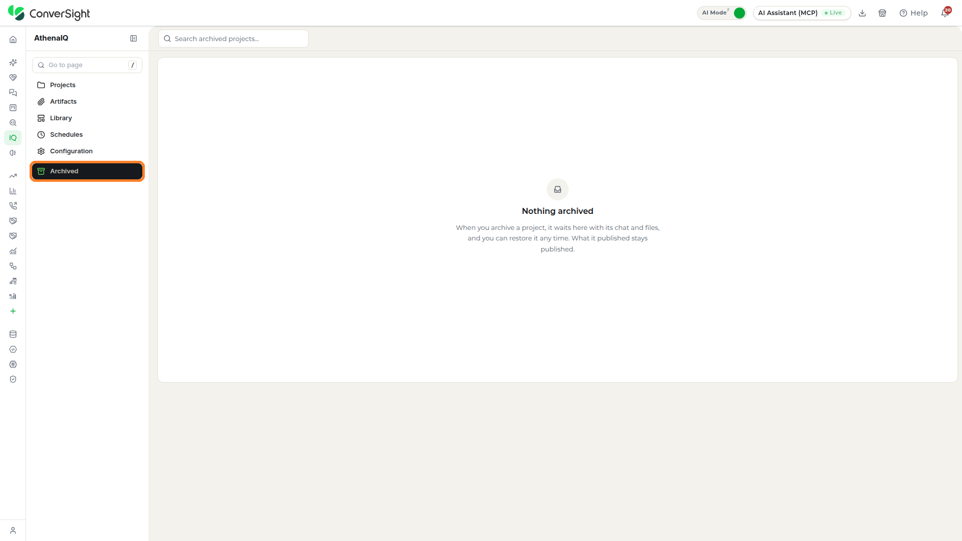 Archived option highlighted in the Athena IQ side menu with the Archived section open