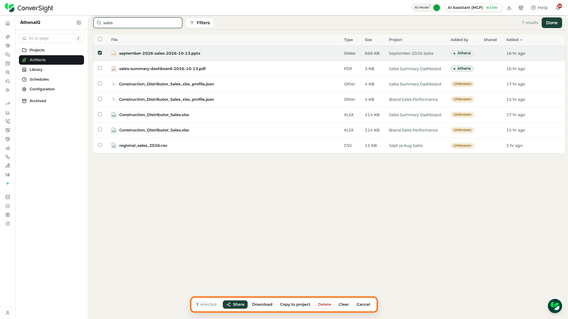 Artifacts section in selection mode with one file selected and the selection bar highlighted