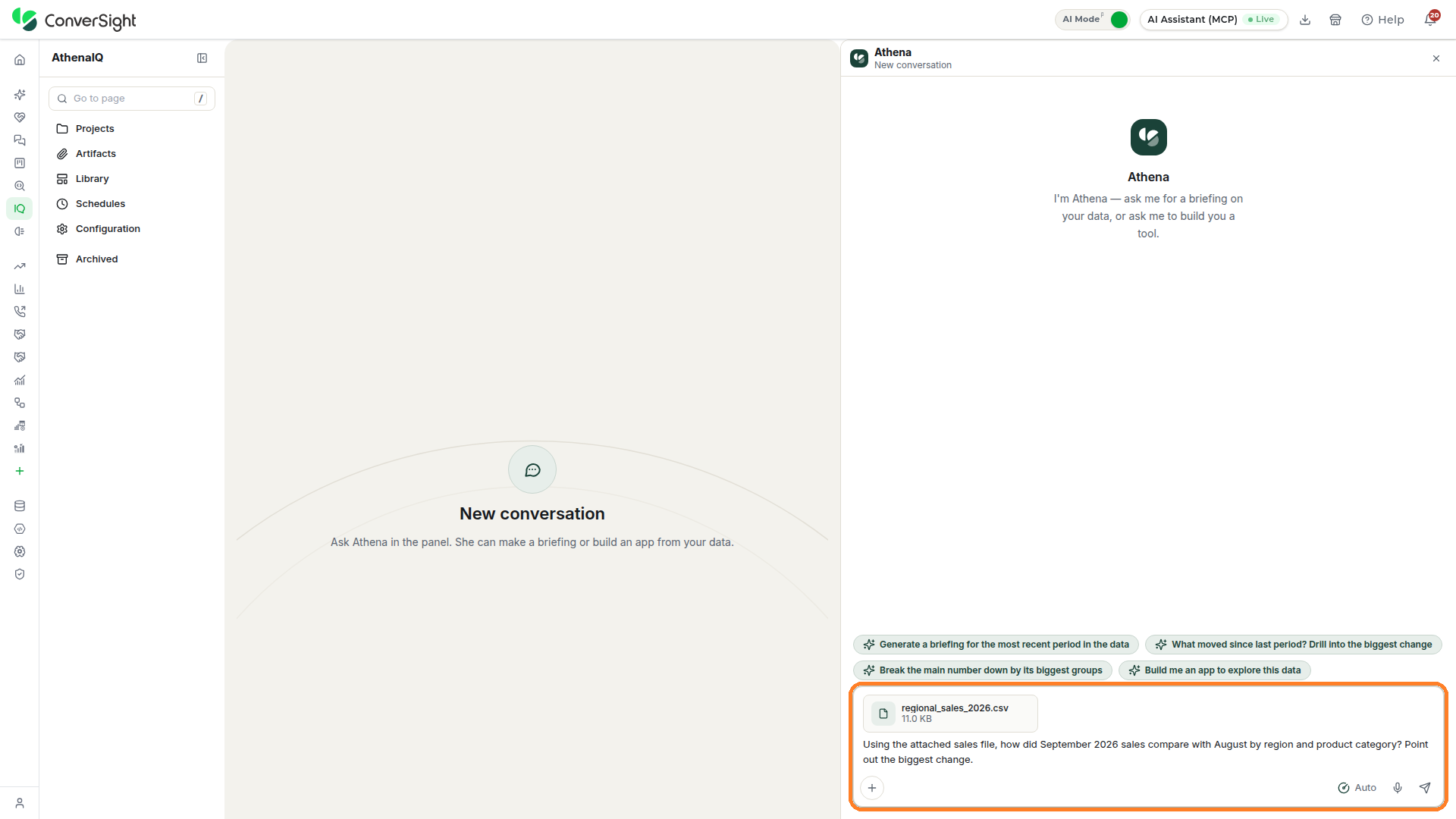Athena chat input area highlighted at the bottom of the Athena chat with a question typed in it