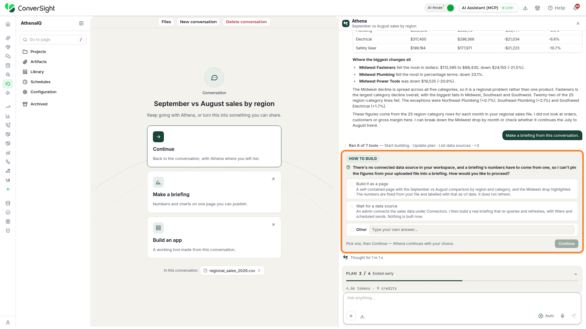 Clarifying question card highlighted in the Athena chat with the suggested options, the Other field and the Continue button