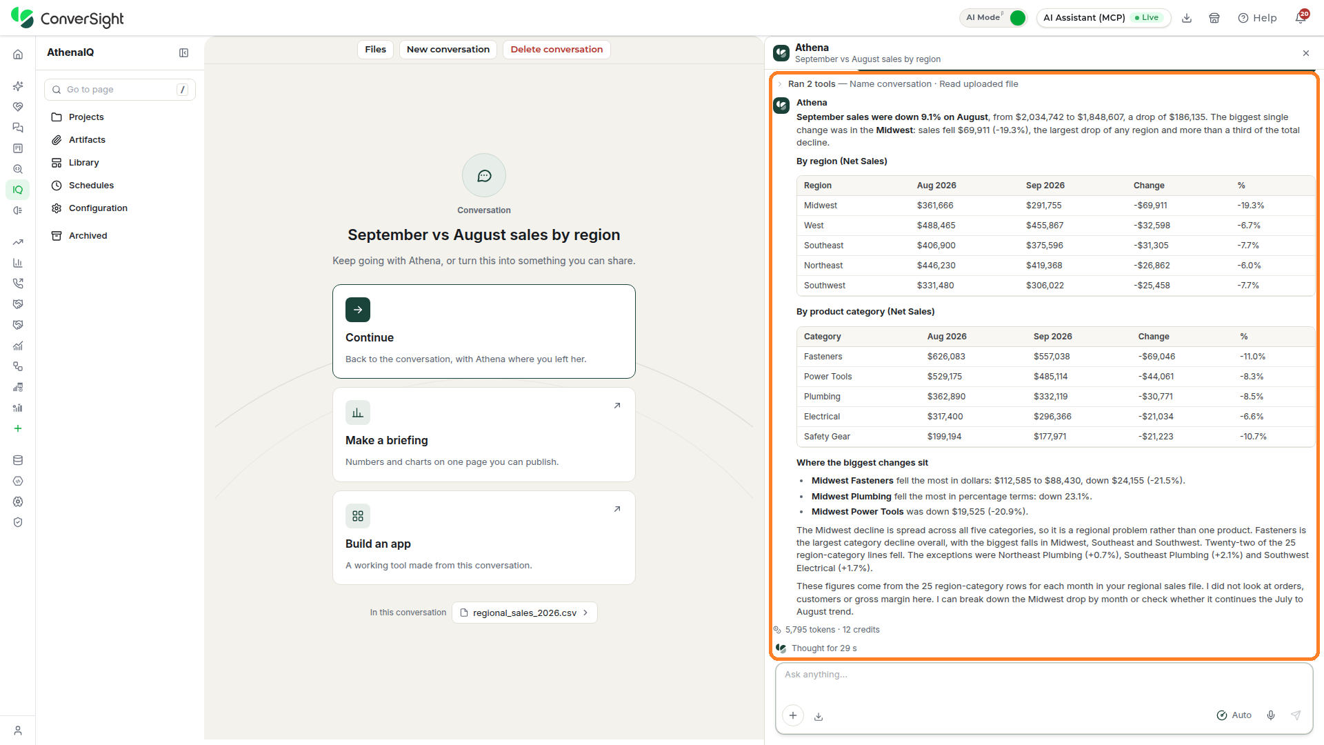 Athena's reply highlighted in the Athena chat with its tools line, a results table and the usage line