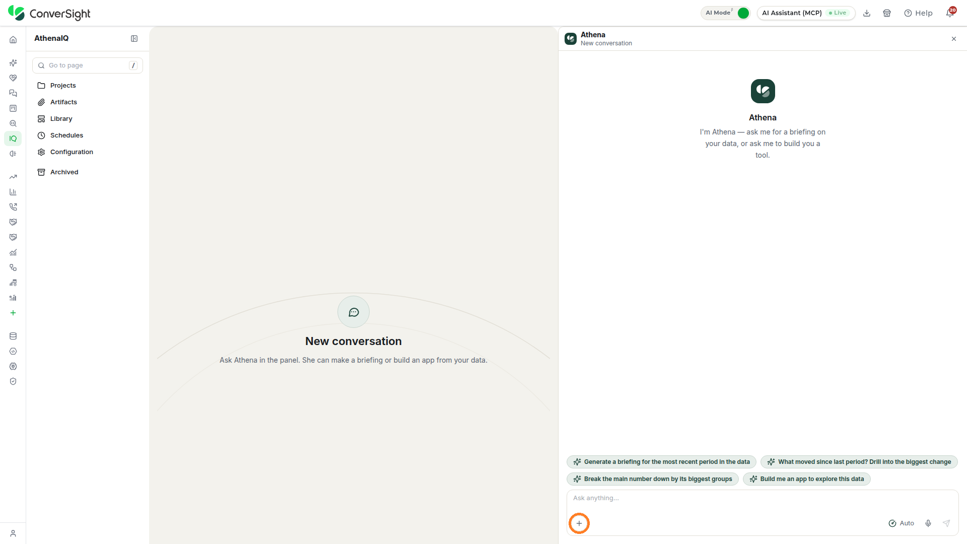 Attach button highlighted at the bottom left of the Athena chat input area in the Athena chat