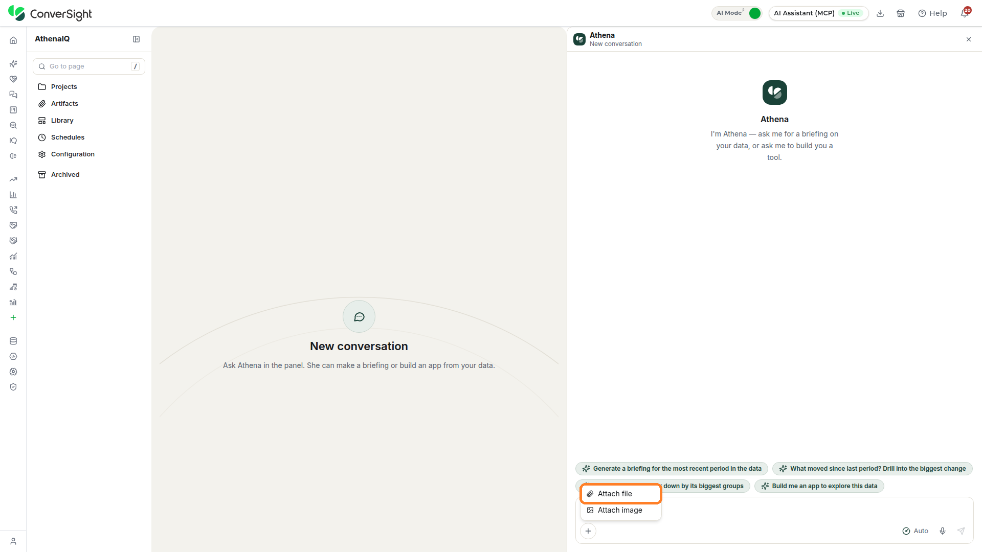 Attach file option highlighted in the menu opened from the + button in the Athena chat input area