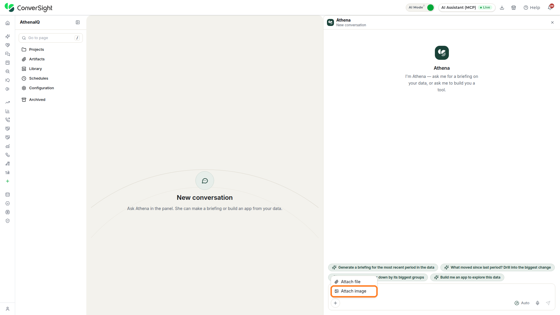 Attach image option highlighted in the menu opened from the + button in the Athena chat input area