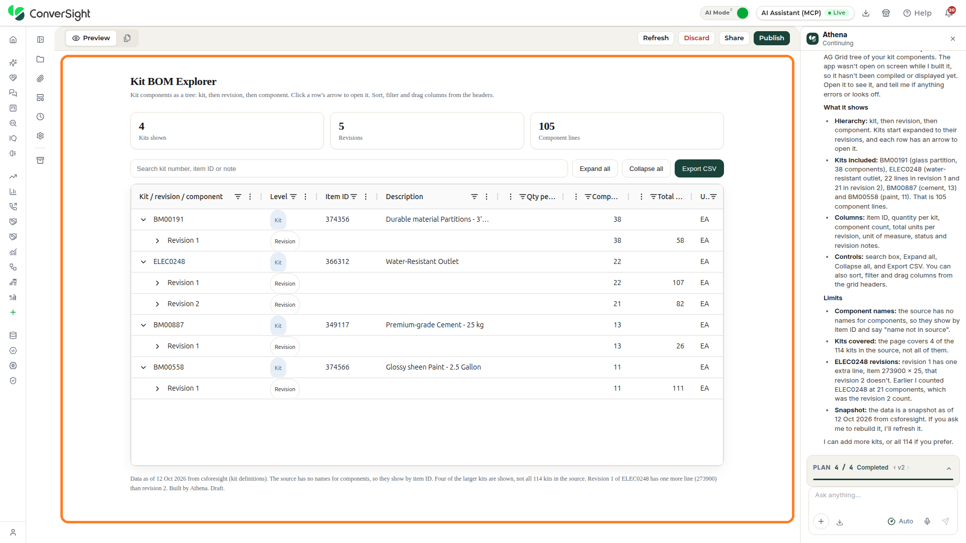 App built by Athena open in its project, with the Athena chat beside it
