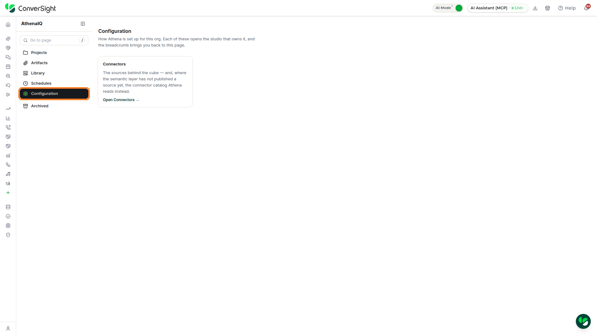 Configuration entry highlighted in the Athena IQ side menu with the Connectors tile on the Configuration section