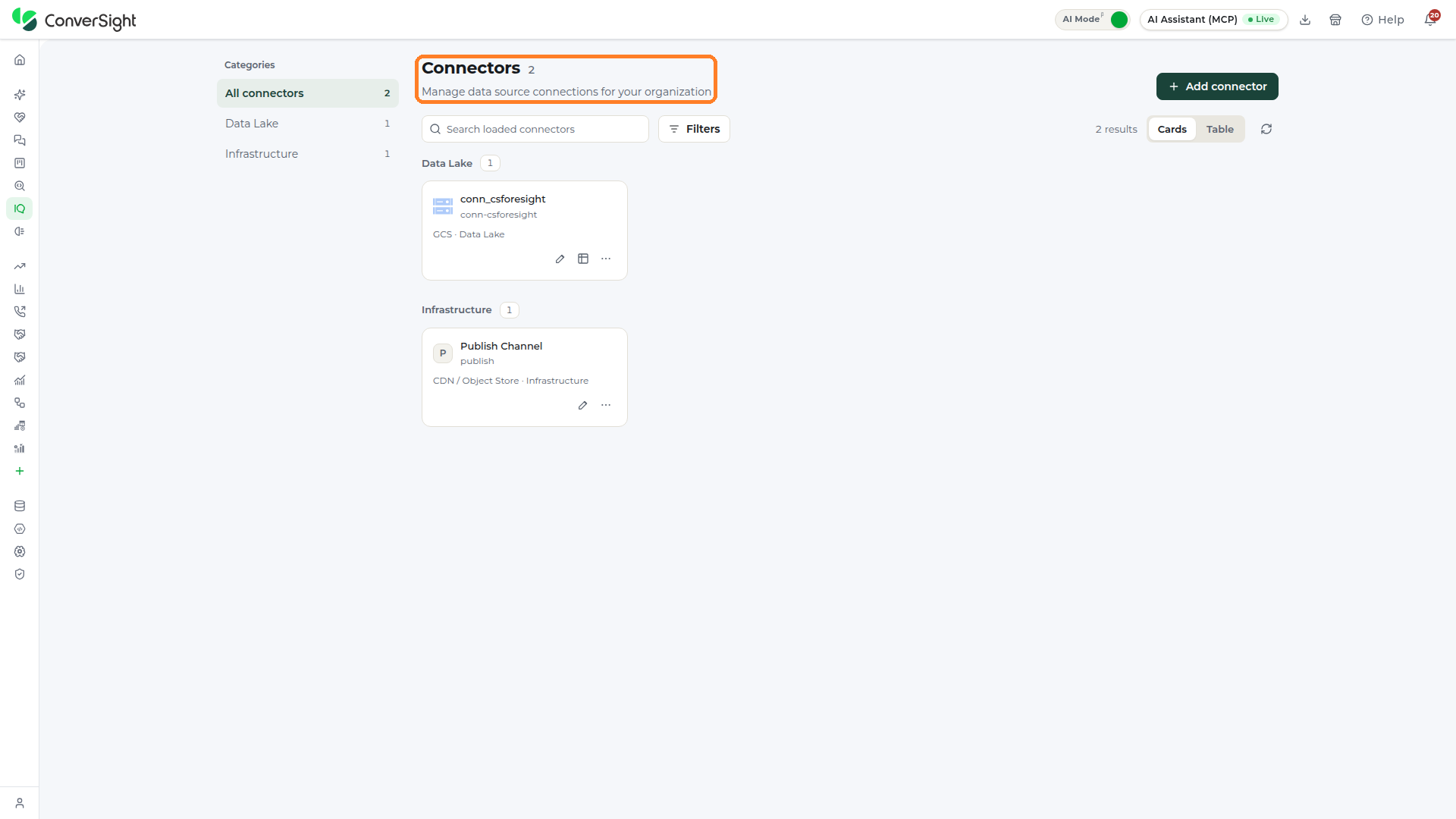 Connectors title highlighted on the Connectors page that opens from the Configuration section