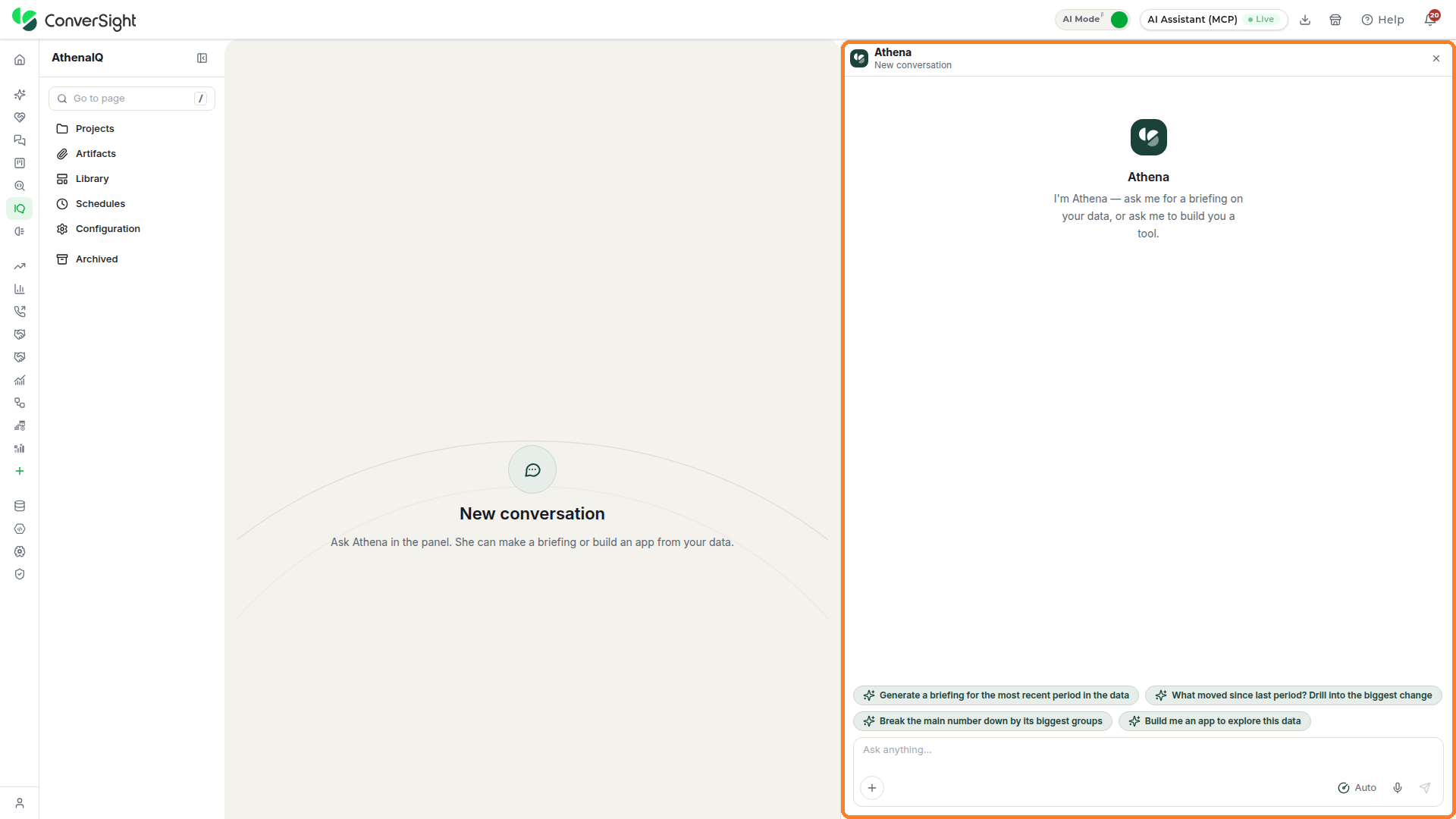 Athena chat highlighted on the New conversation page with the greeting, the suggested prompts and the Athena chat input area