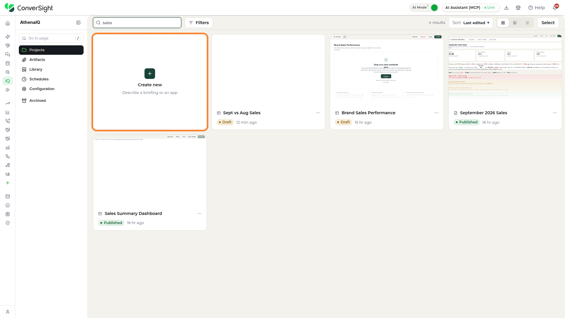 Create new card highlighted as the first card on the Projects section