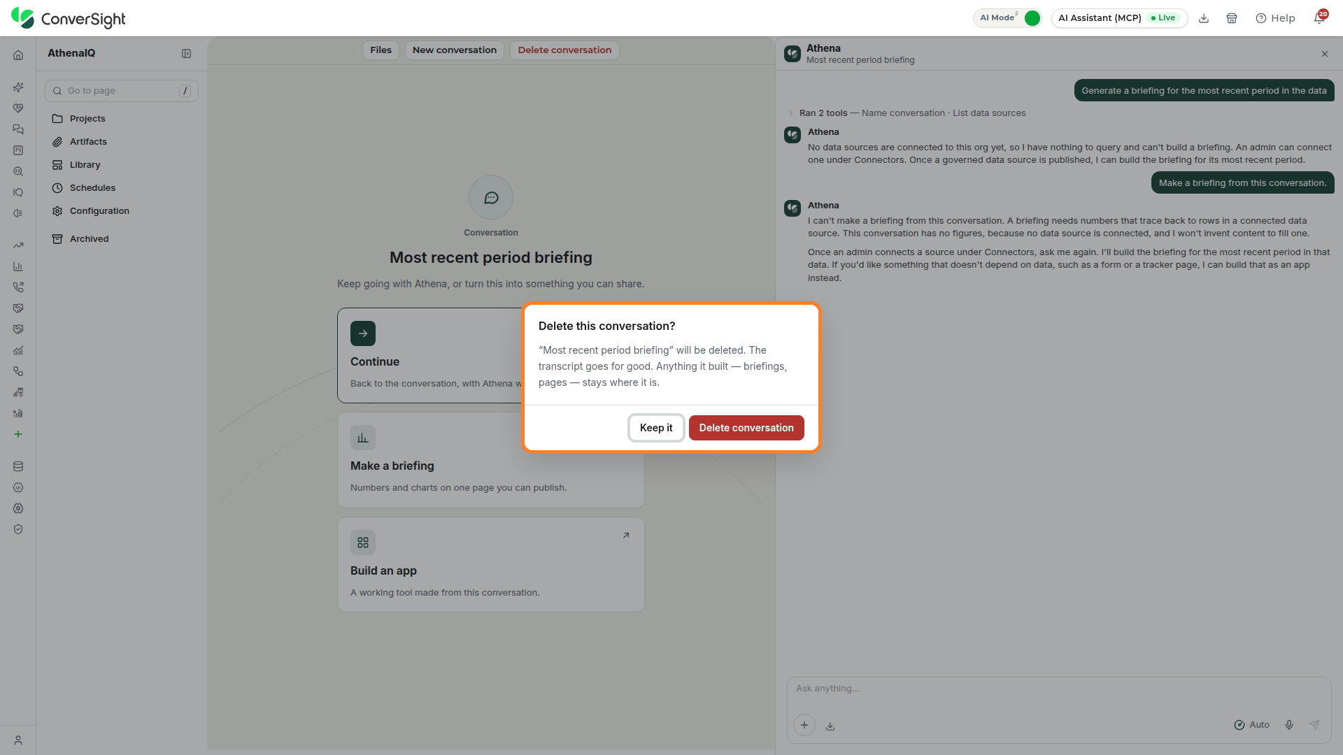 Delete this conversation popup highlighted with the Keep it and Delete conversation buttons