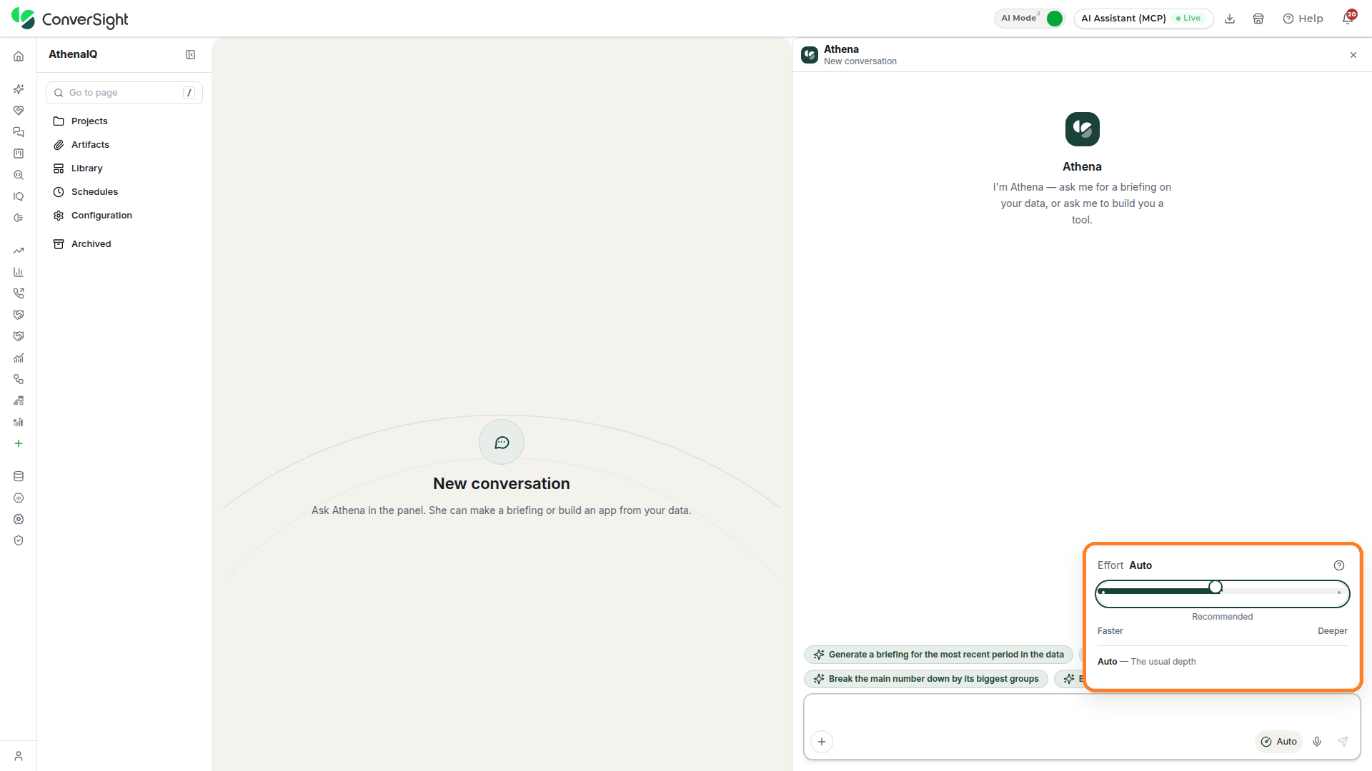 Effort popup highlighted above the Athena chat input area with the slider set to Auto between Faster and Deeper