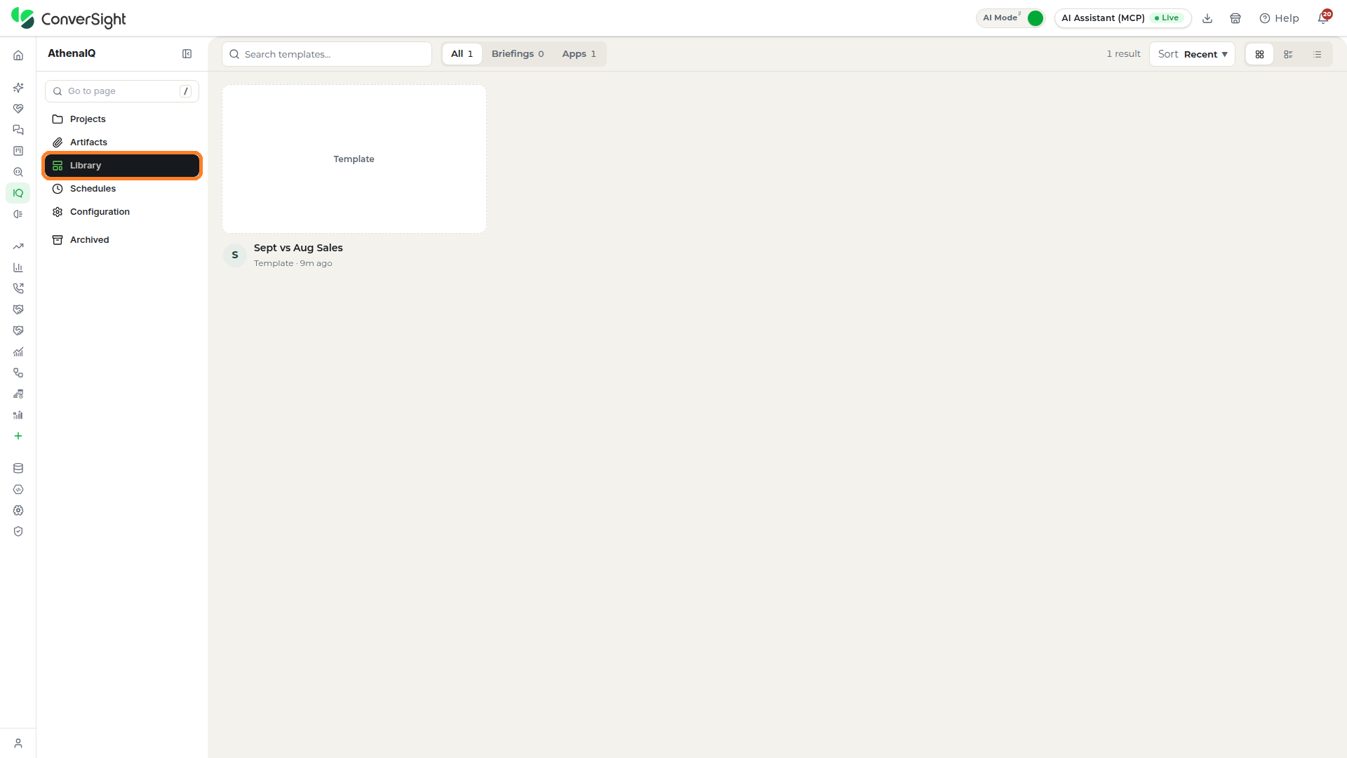 Library entry highlighted in the Athena IQ side menu with a template card on the Library section