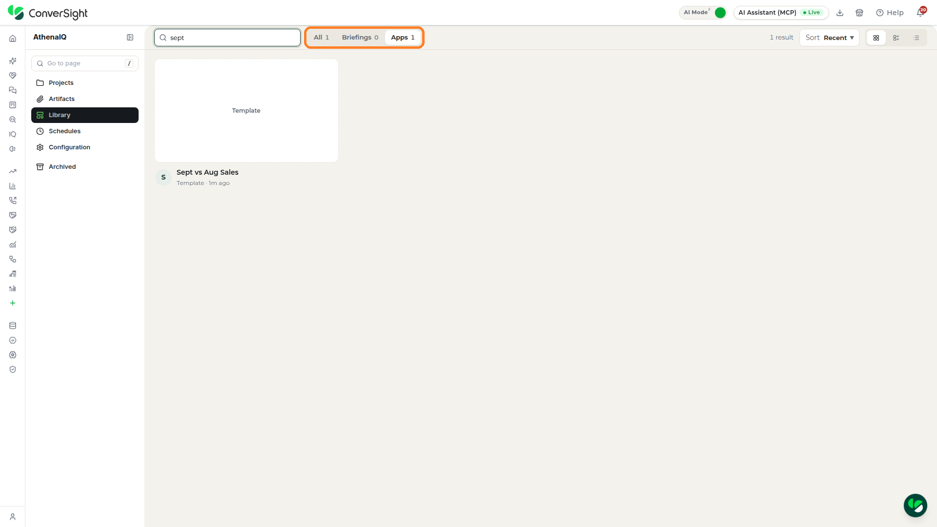 All, Briefings and Apps tabs highlighted on the Library section