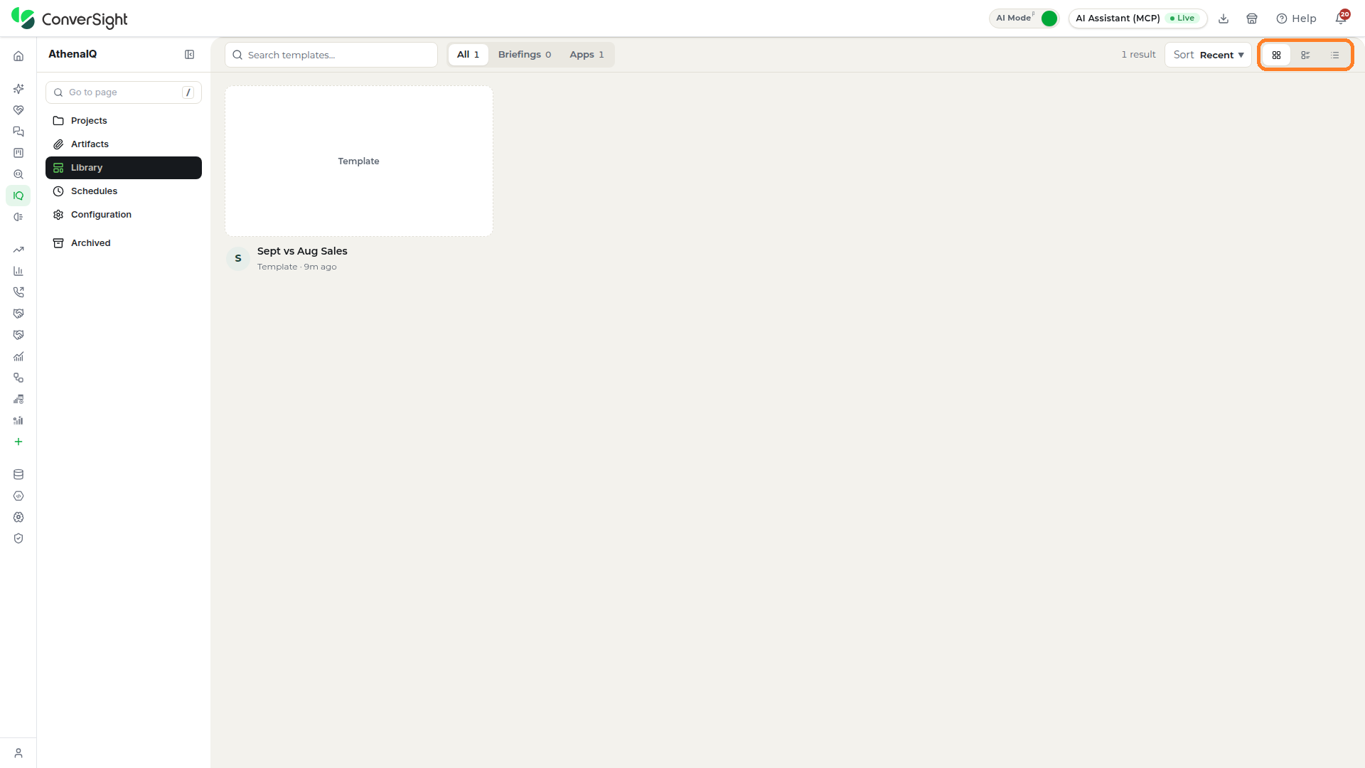 Grid, compact and list layout buttons highlighted beside the Sort control on the Library section