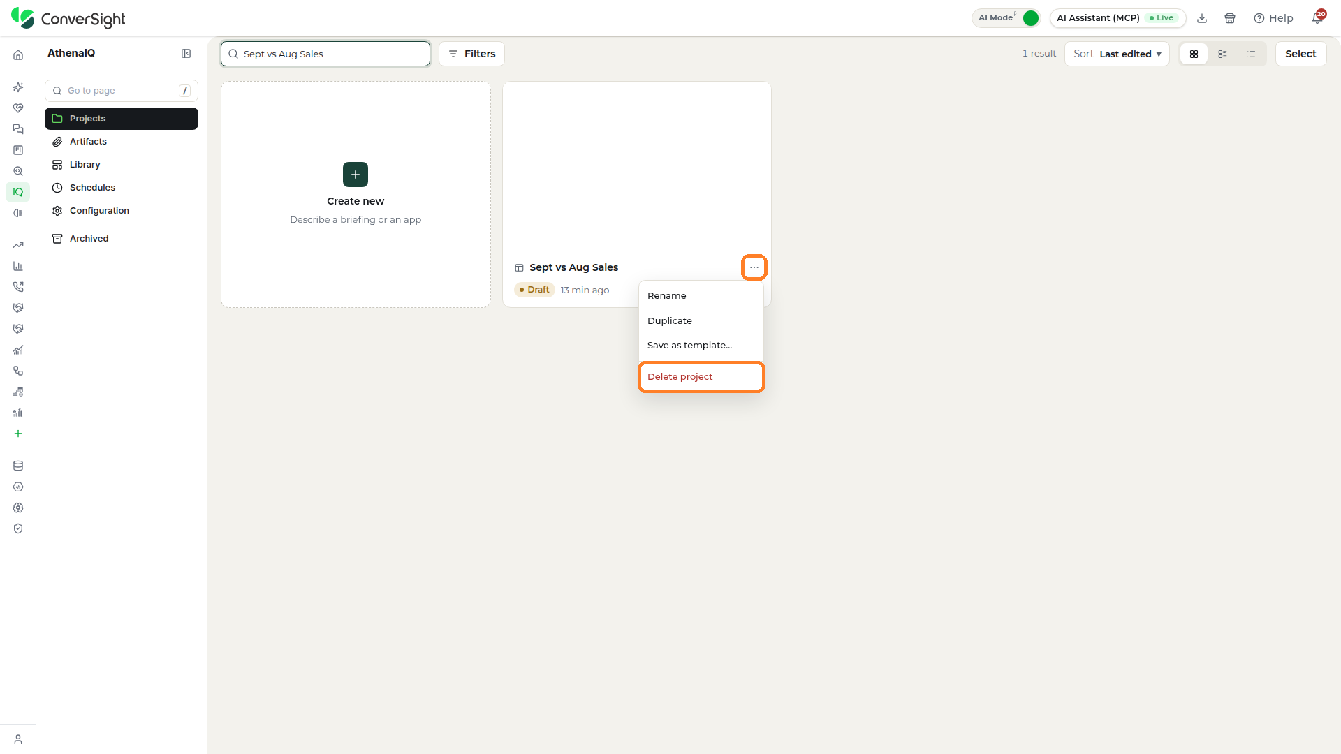 Actions icon and the Delete project option highlighted in the menu of a project card