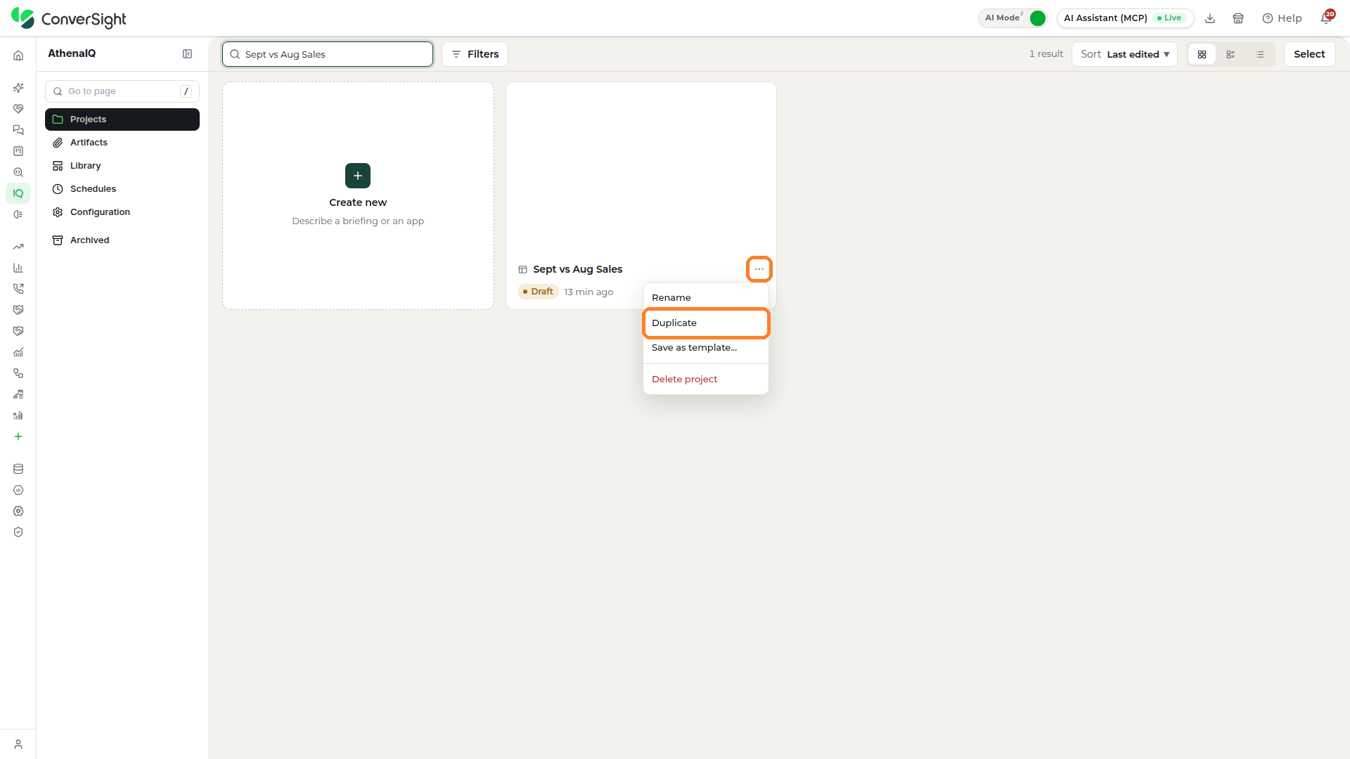 Actions icon and the Duplicate option highlighted in the menu of a project card
