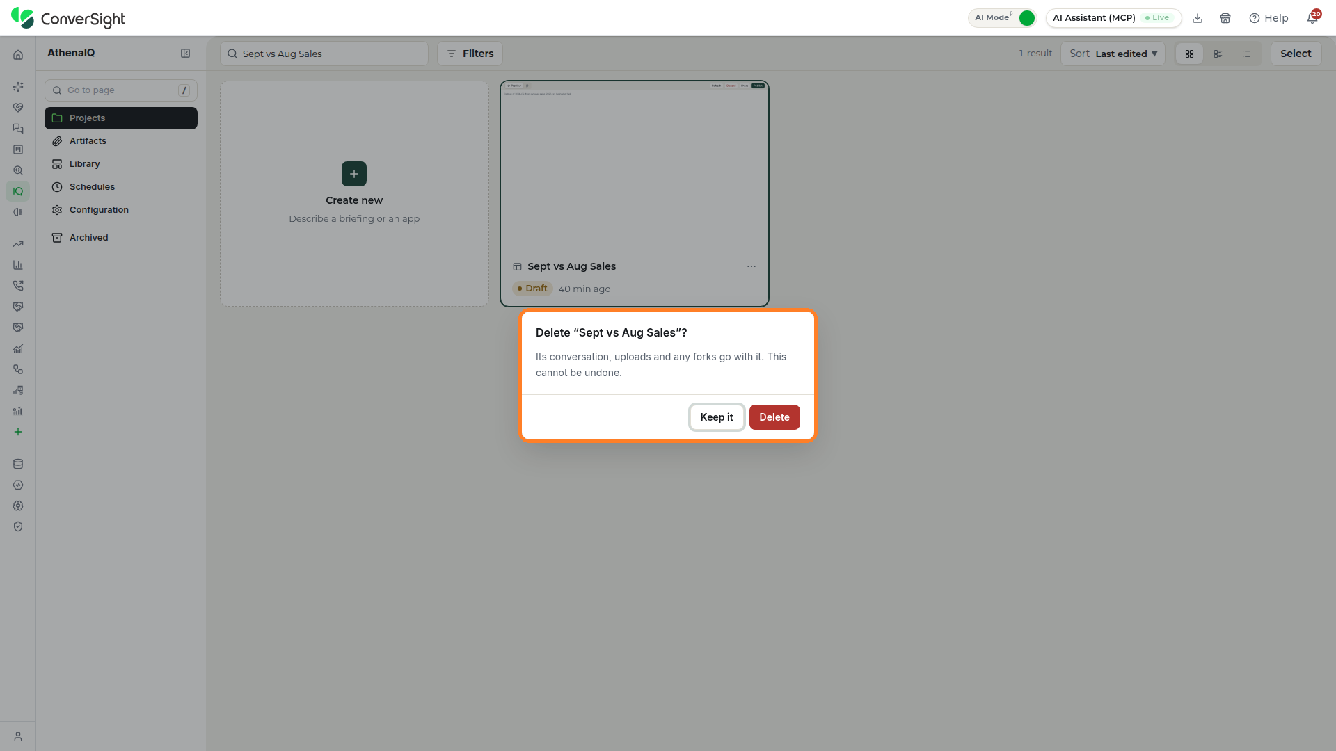 Delete project popup highlighted with the Keep it and Delete buttons