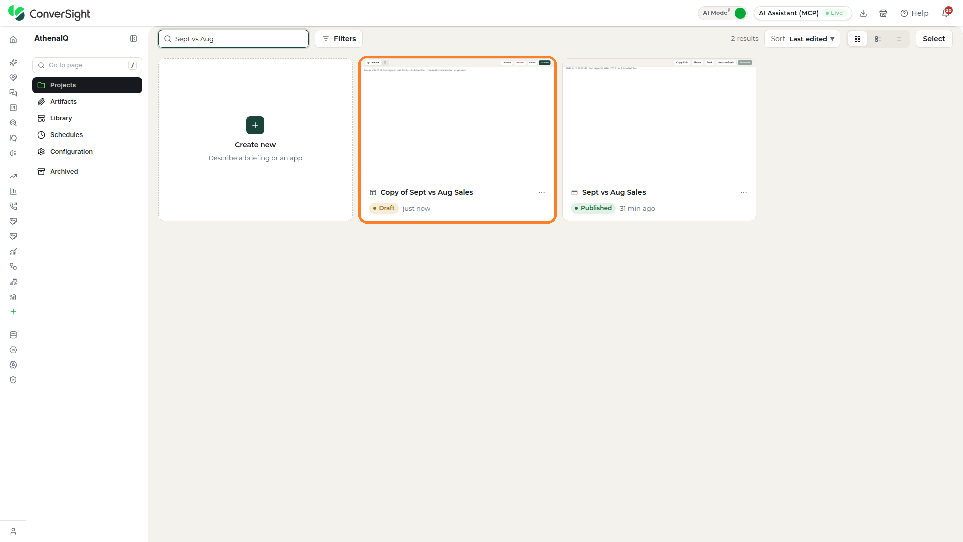 Copy of a duplicated project highlighted on the Projects section